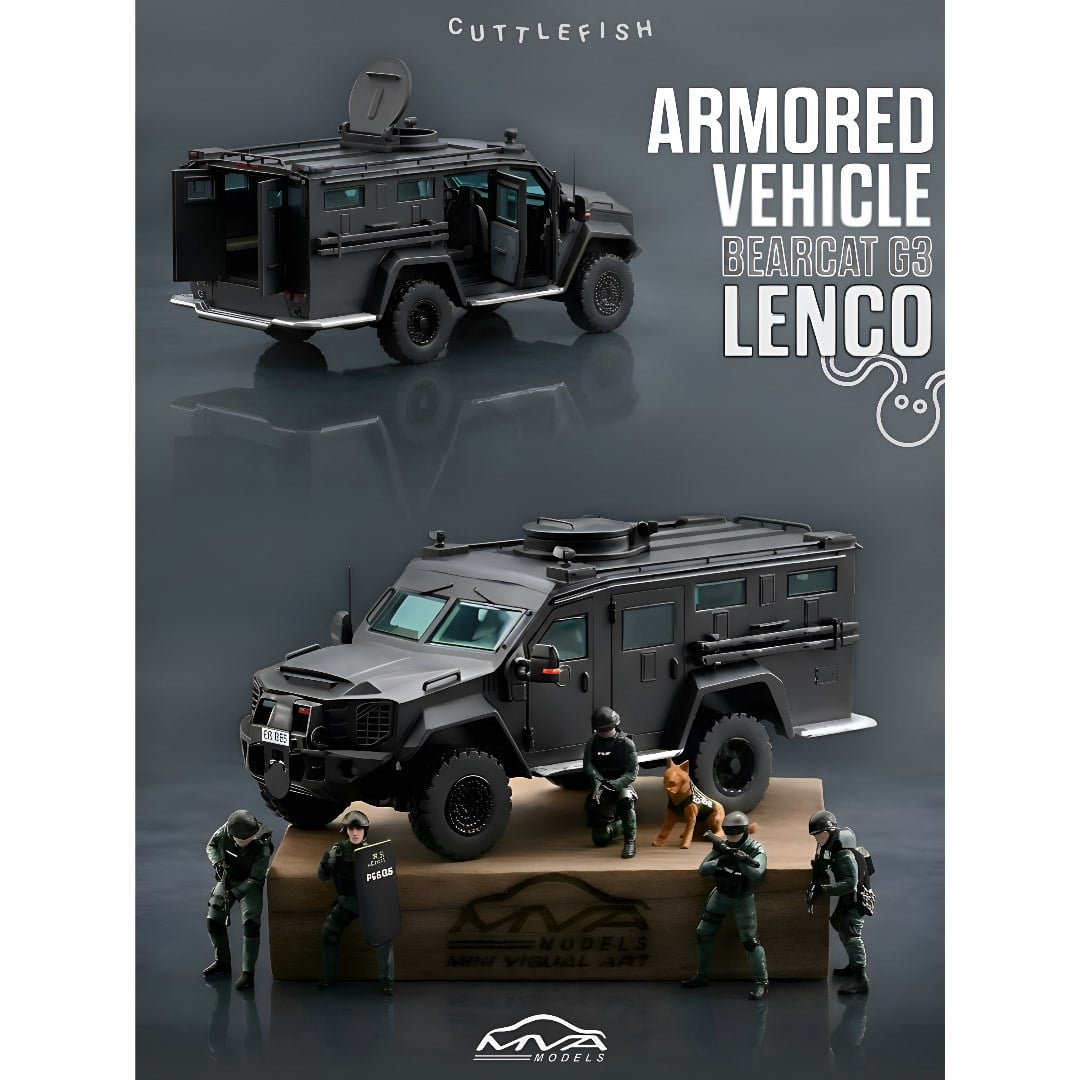 MINI VISUAL ART 1:64 Lenco BearCat G3 Armored Vehicle Black with figures