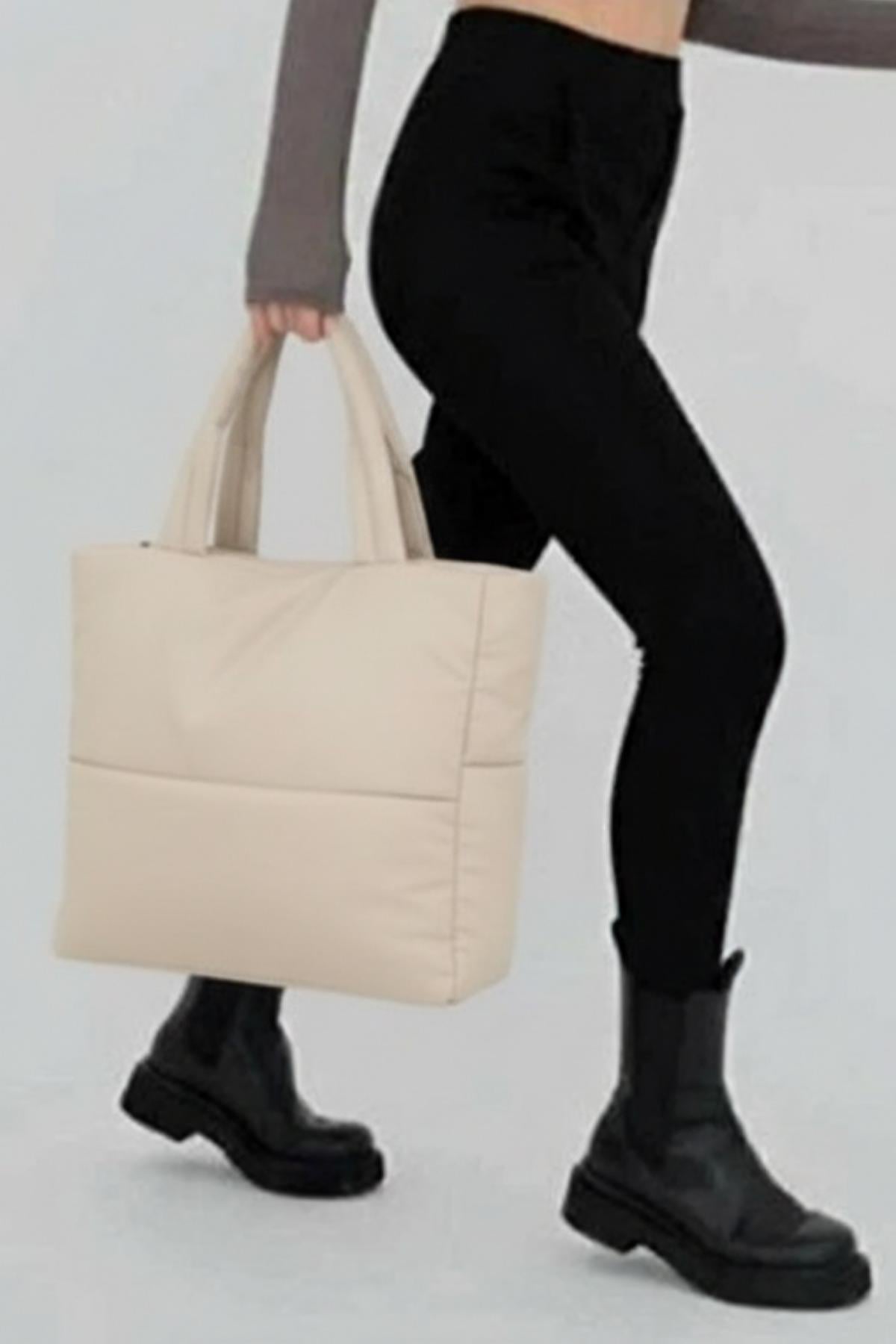 Bej Kabartmalı Pamuklu Kumaş Shopper Çanta -Okul Omuz Çantası