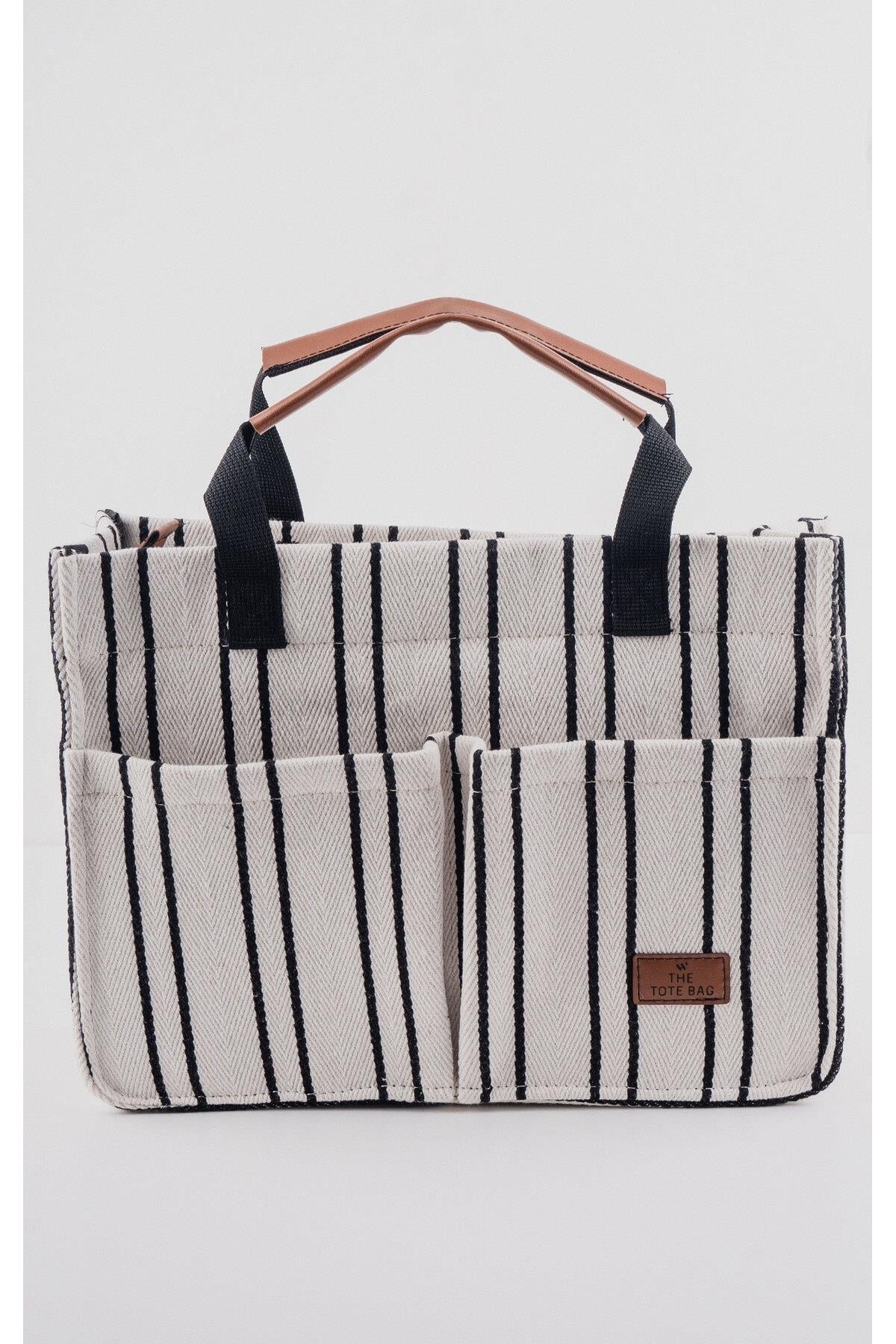 ÜÇ GÖZLÜ THE TOTE BAG SİYAH ÇİZGİLİ CANVAS KADIN OMUZ ÇANTA