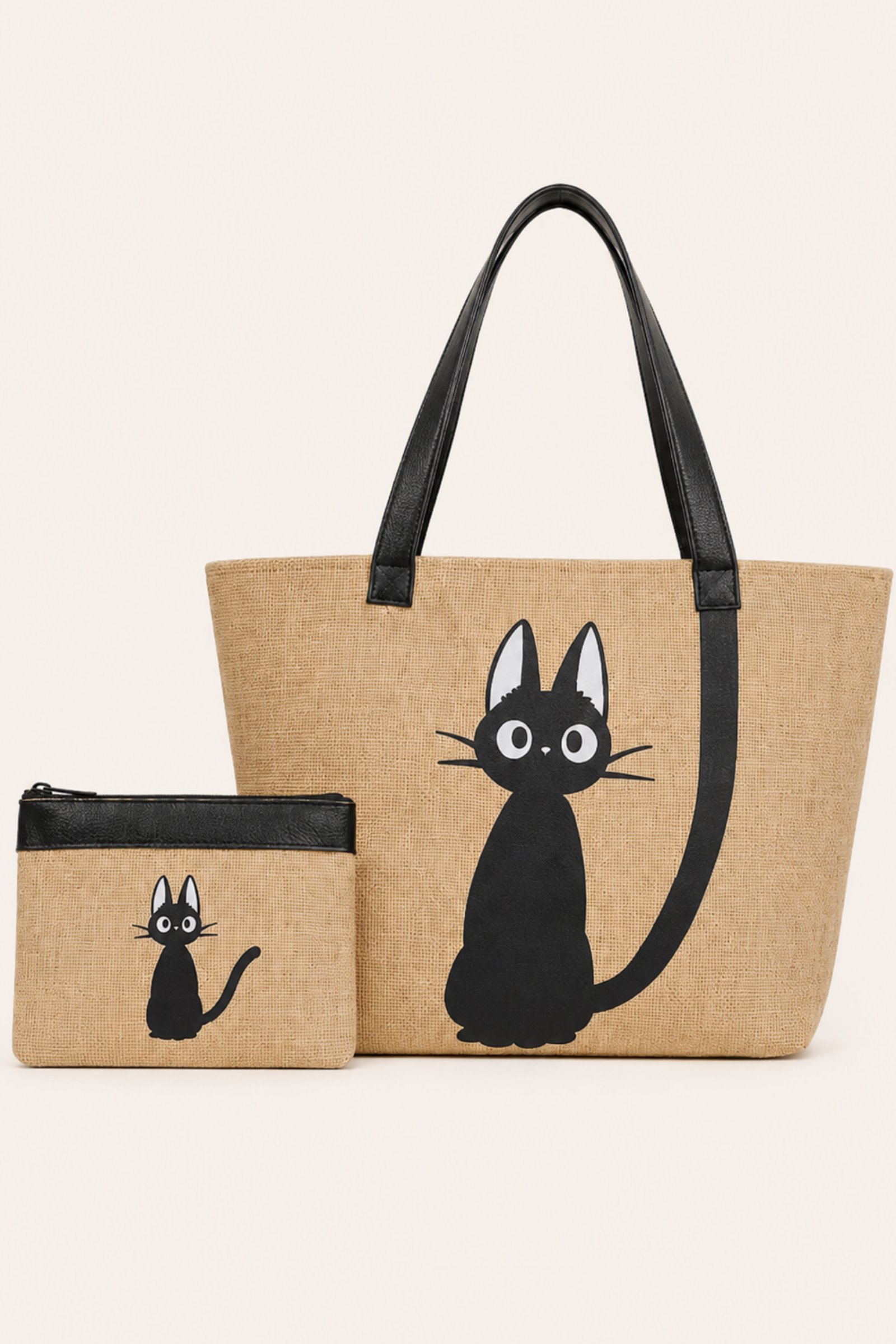 WOYS TRAVEL Cat Hasır Plaj Çantası ve Makyaj Çantası İkili Set Kedi Baskılı