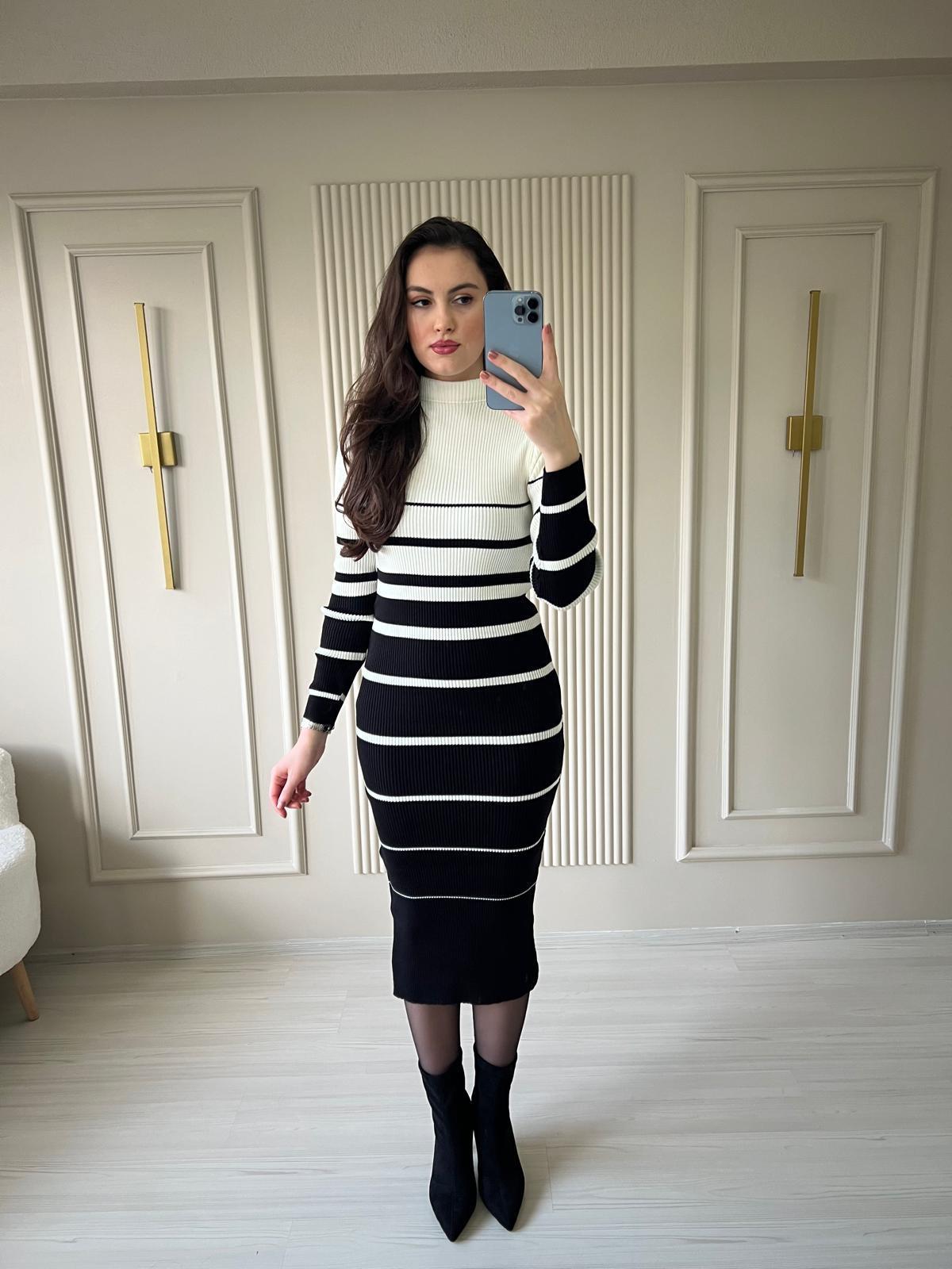 Çizgili Triko Elbise - 1002