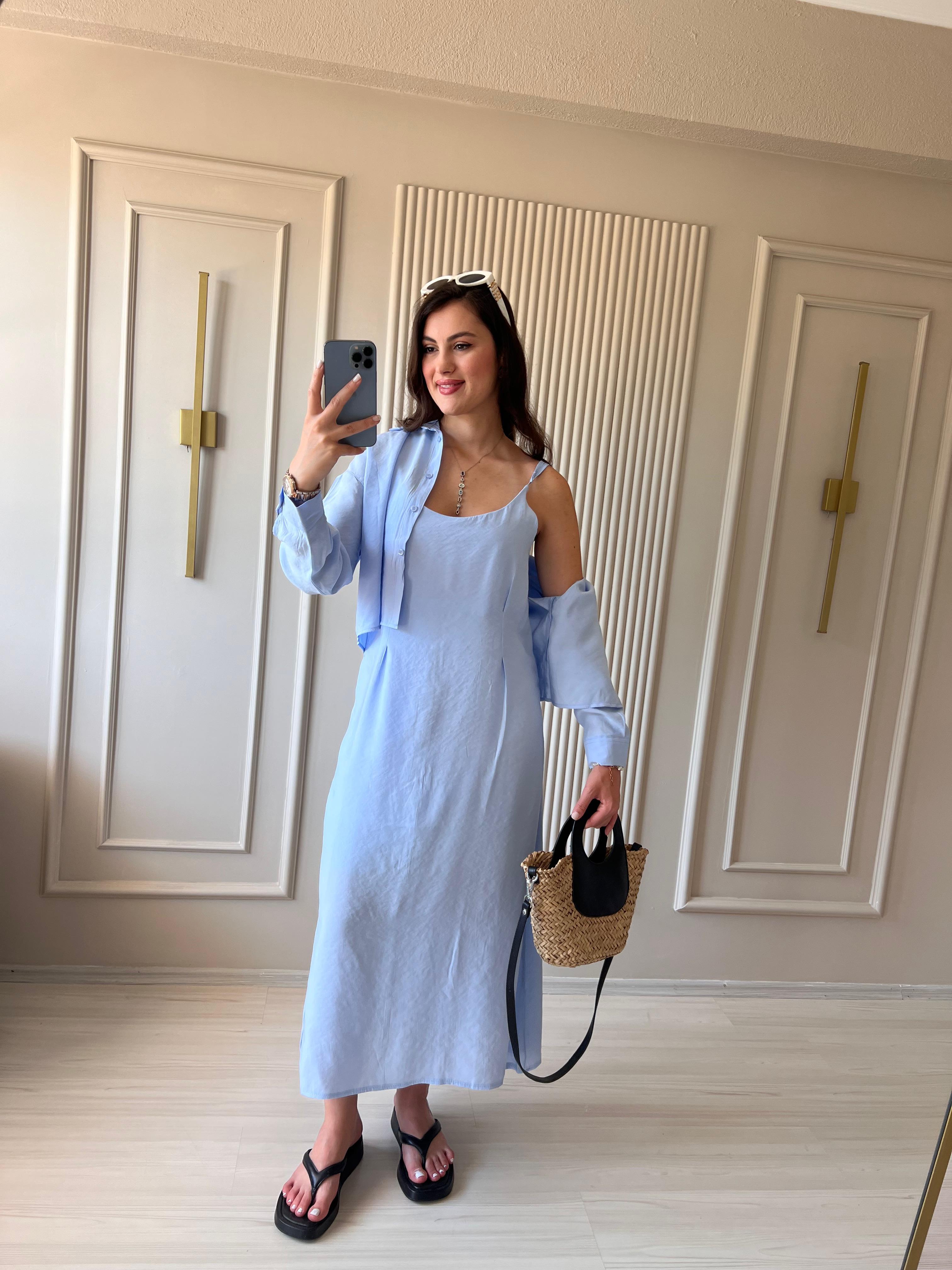 Gömlekli Askılı Tensel Elbise Takım Bebe Mavi - 1023