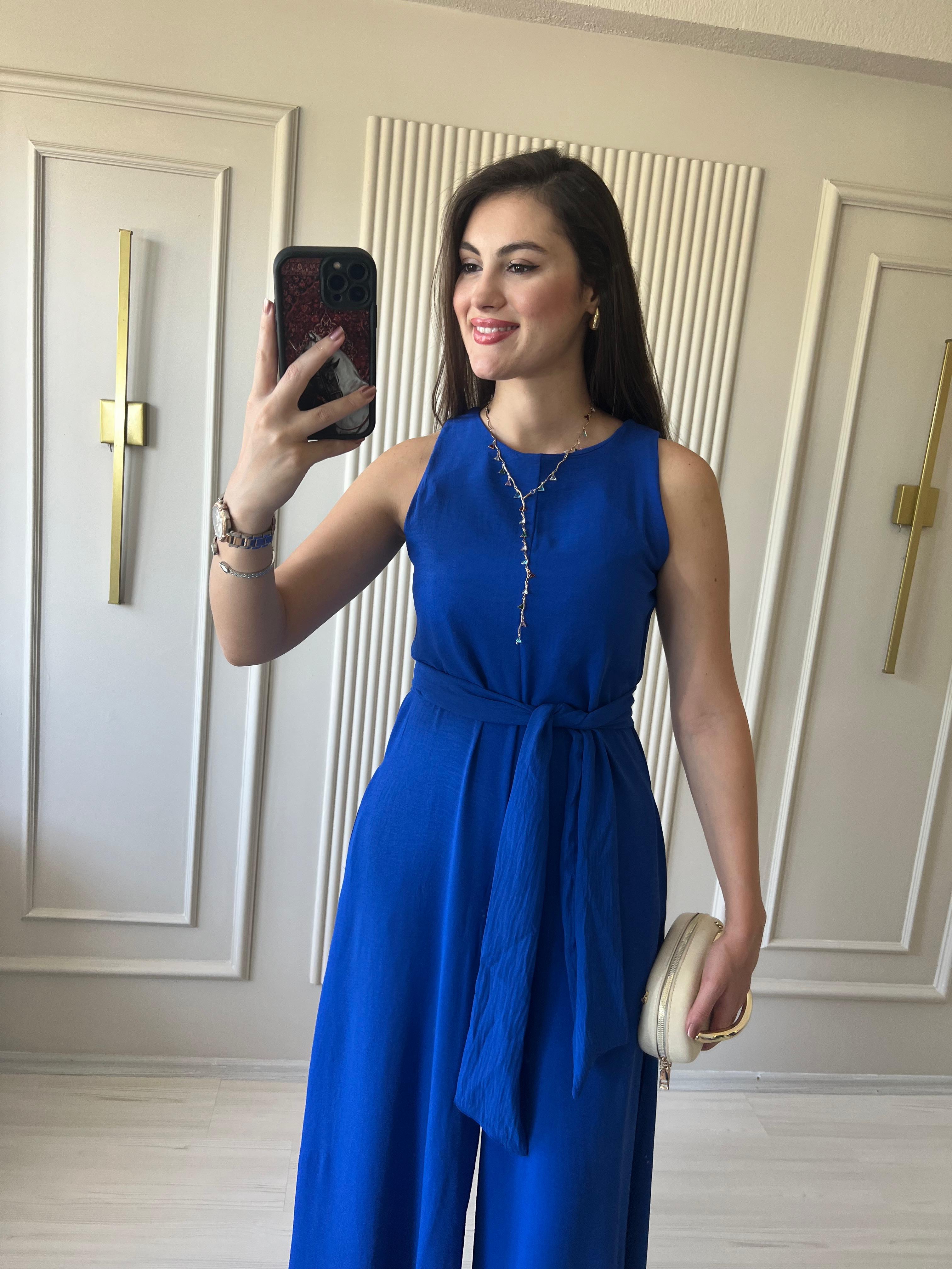 Kuşaklı Cepli Tulum Saks Mavi  - 1022
