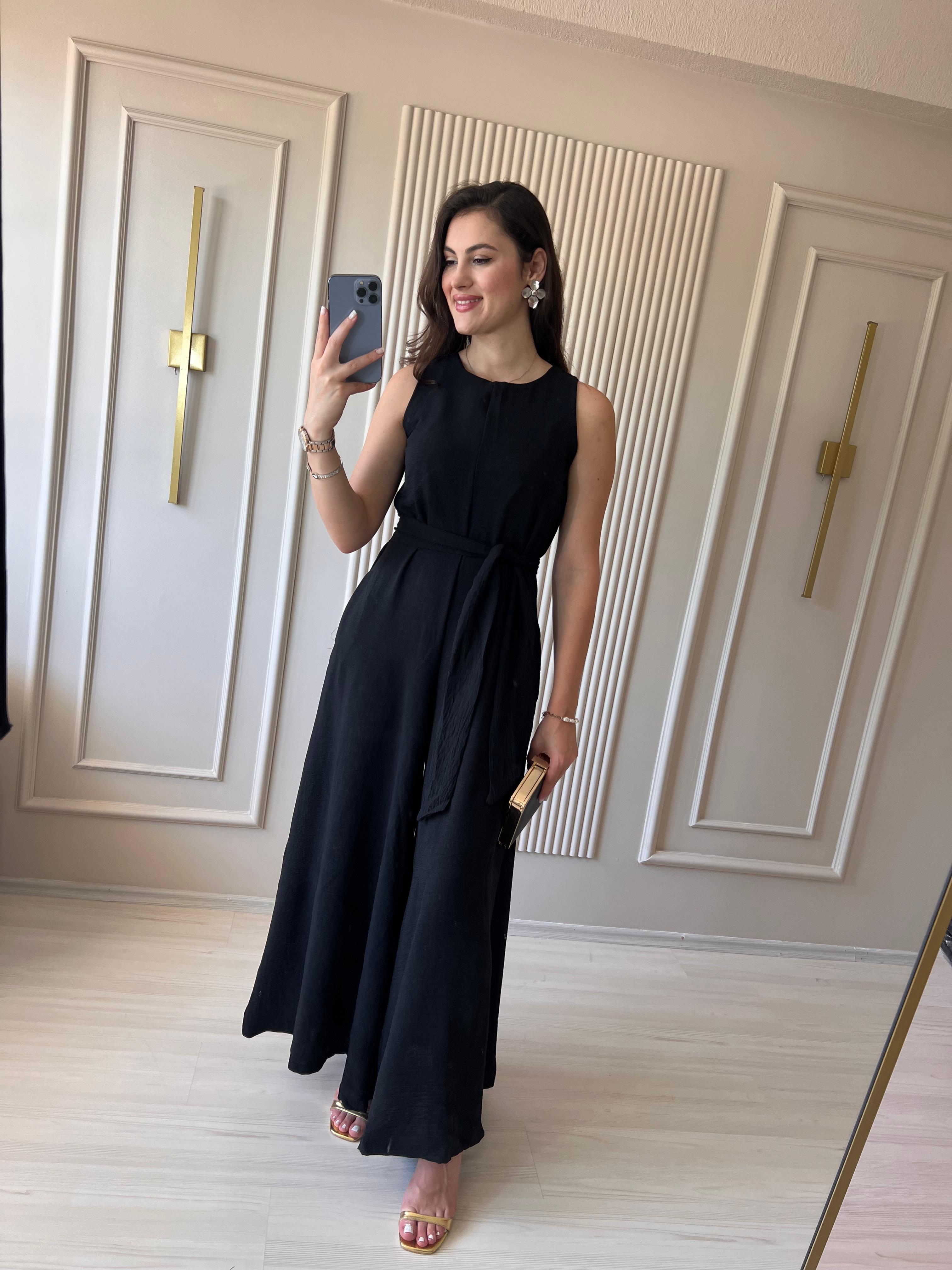 Kuşaklı Cepli Tulum Siyah - 1022