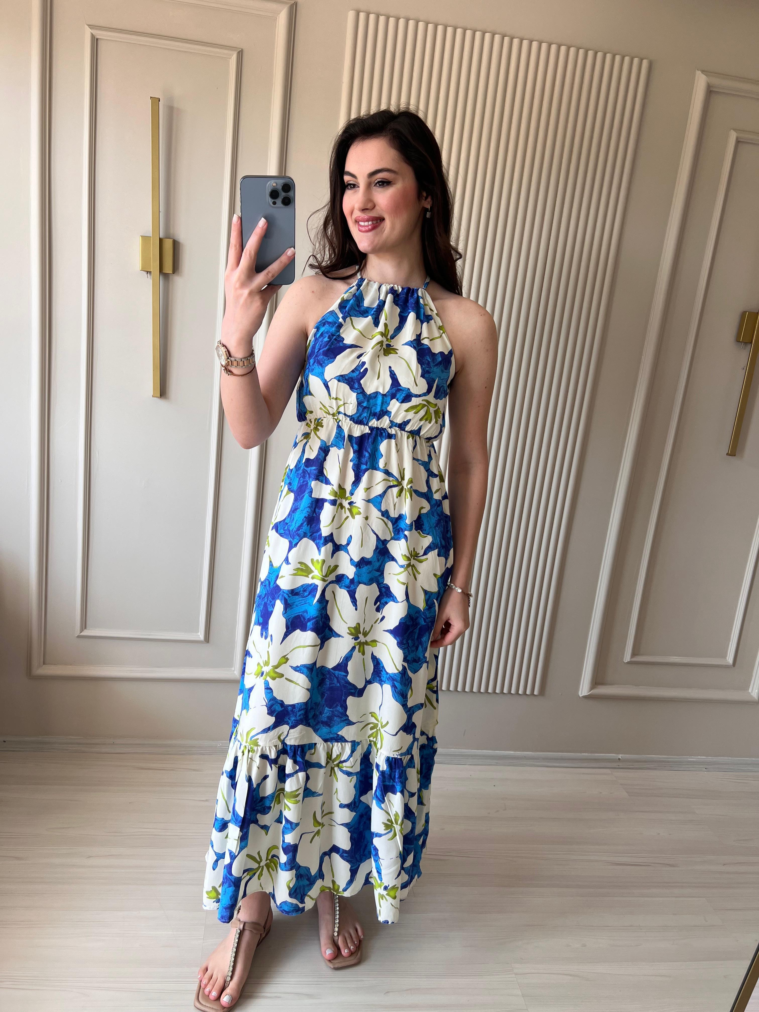 Manolya Çiçekli Mavi Elbise