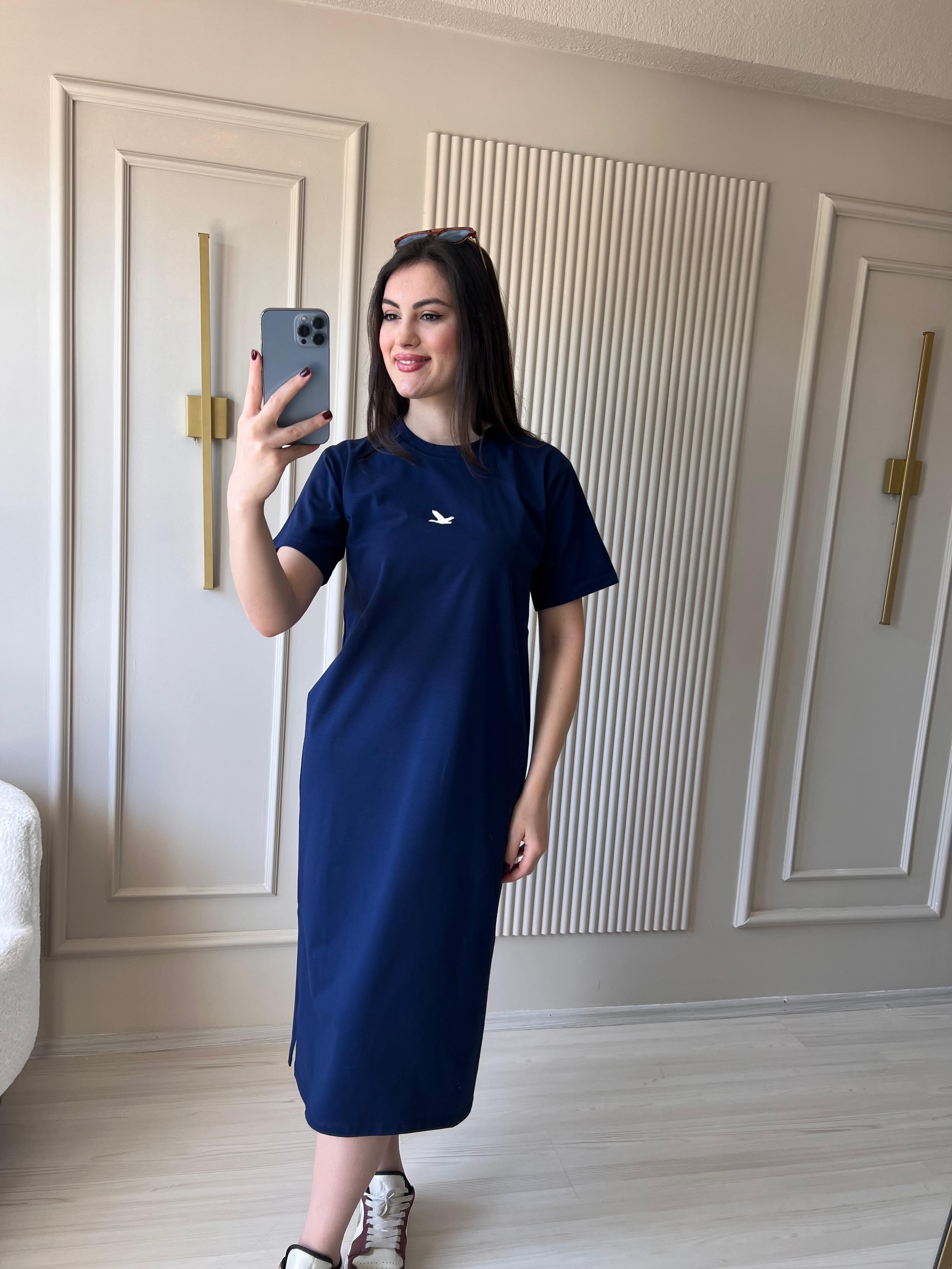 Modal Kumaş Basic Elbise lacivert-1017