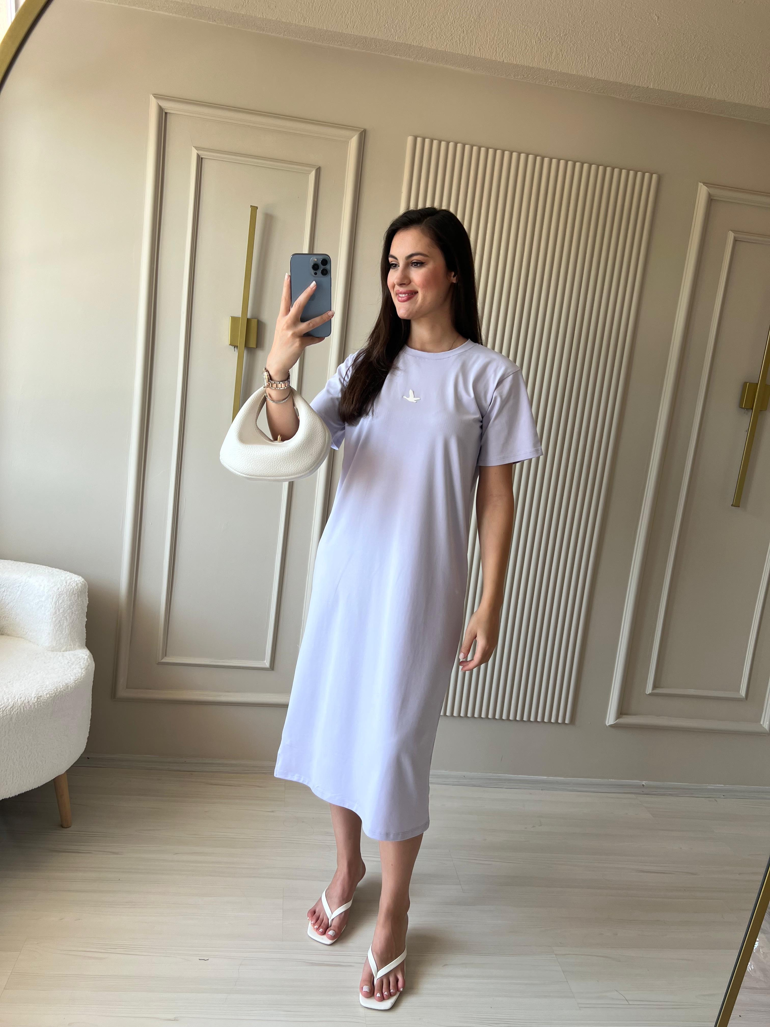 Modal Kumaş Basic Elbise Lila -1017