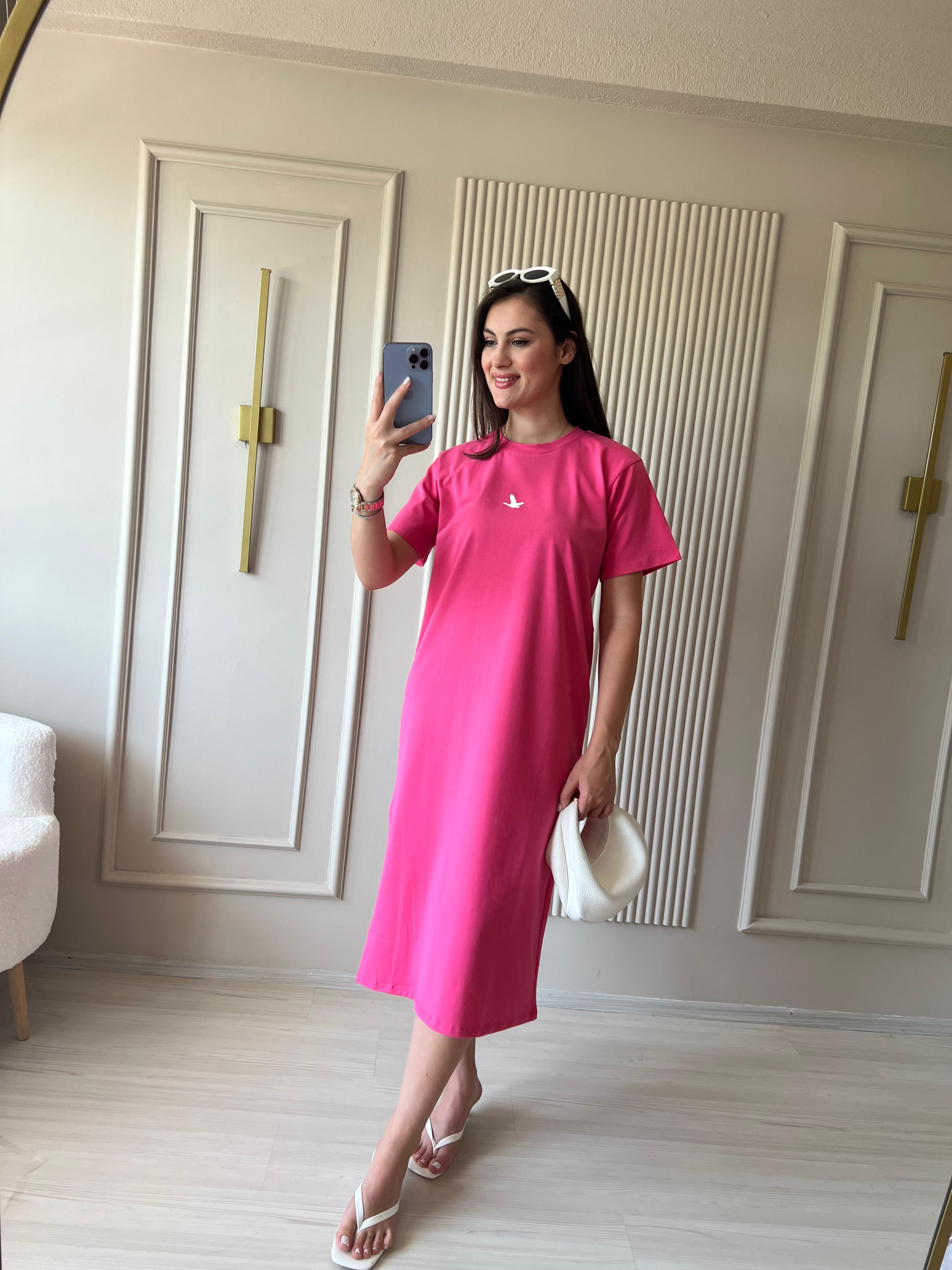 Modal Kumaş Basic Elbise Pembe -1017