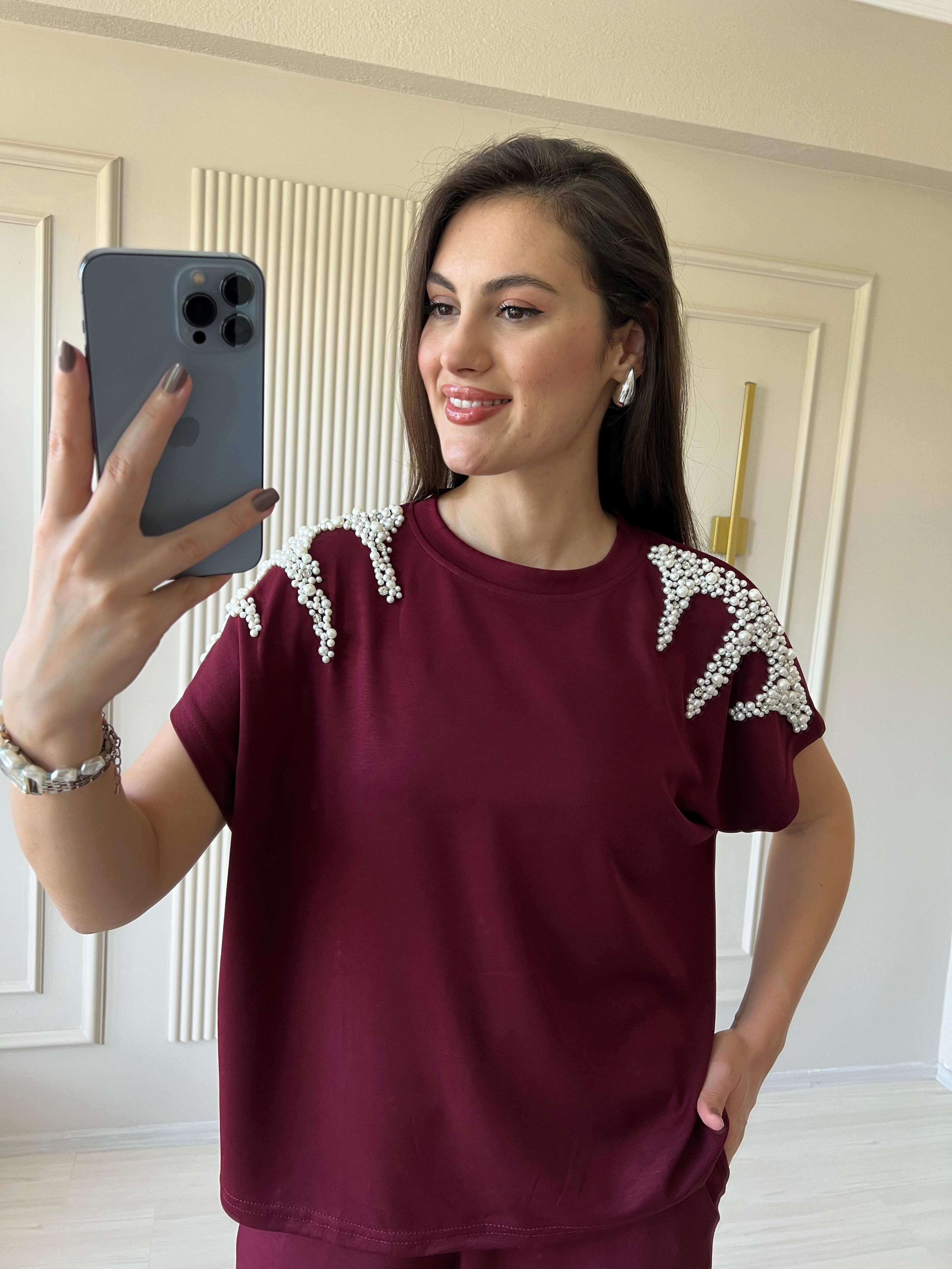Omzu İncili Modal Takım Bordo  - 1029