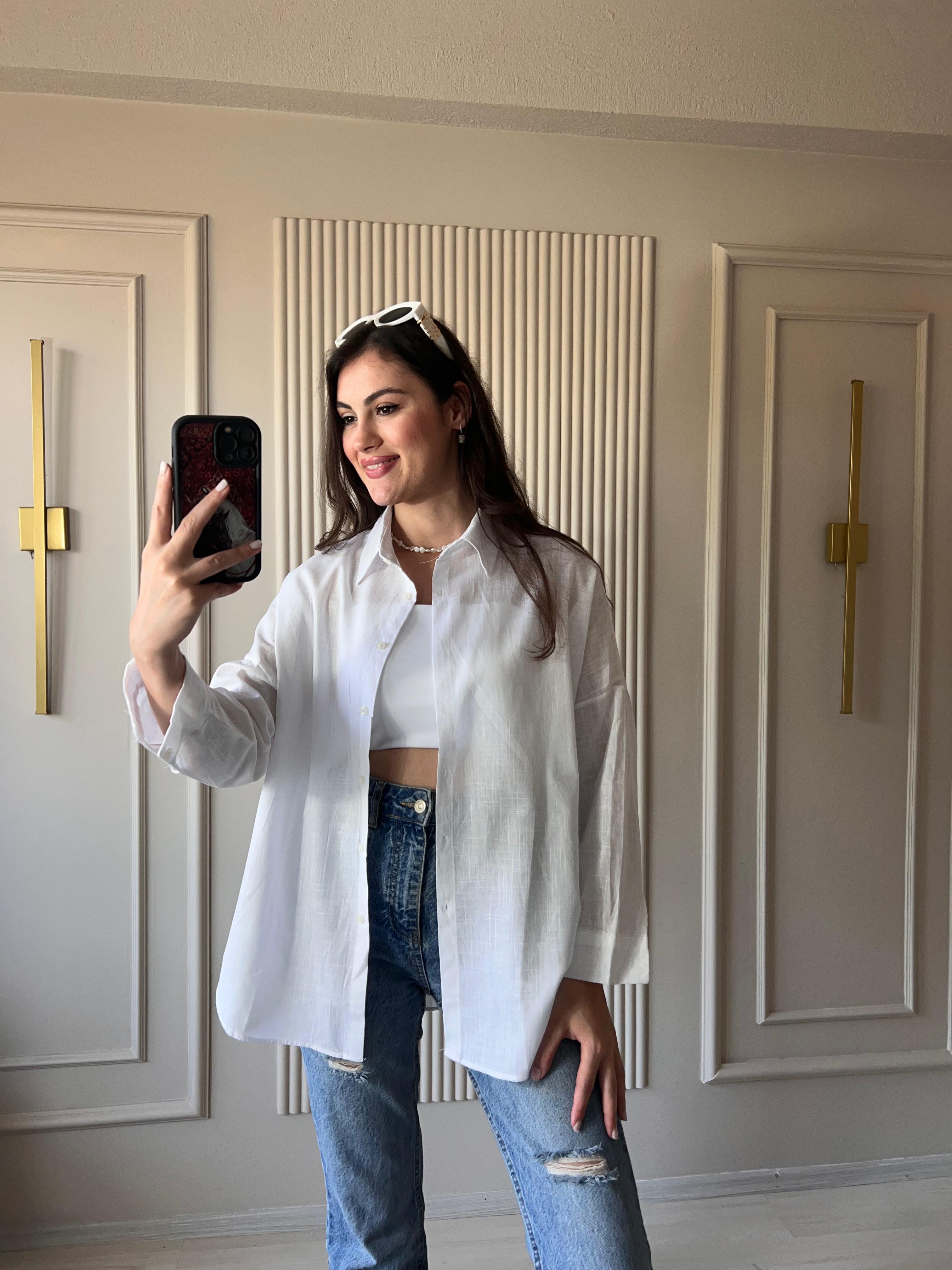 Oversize Keten Gömlek  Beyaz - 1021