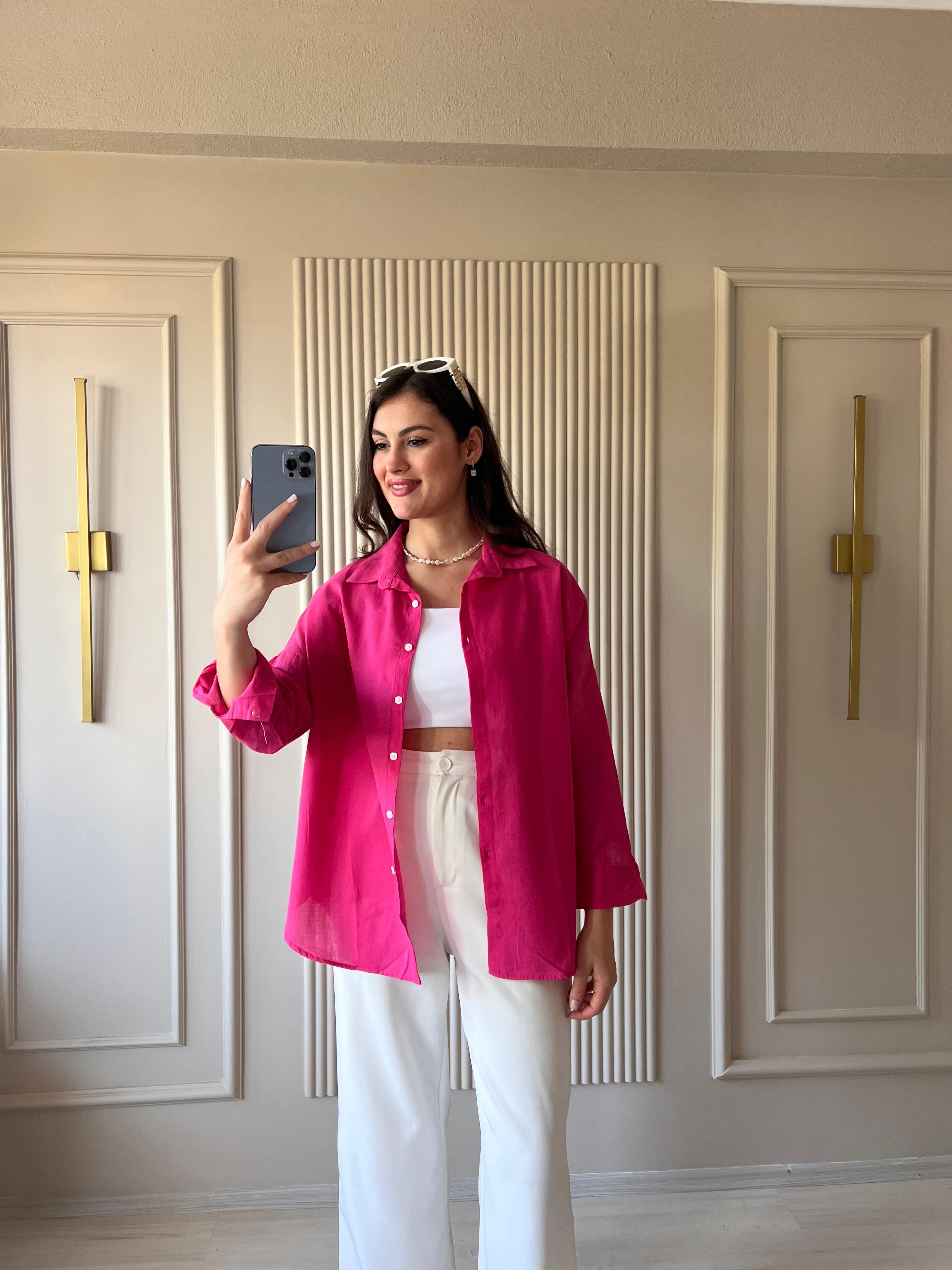 Oversize Keten Gömlek  Pembe - 1021
