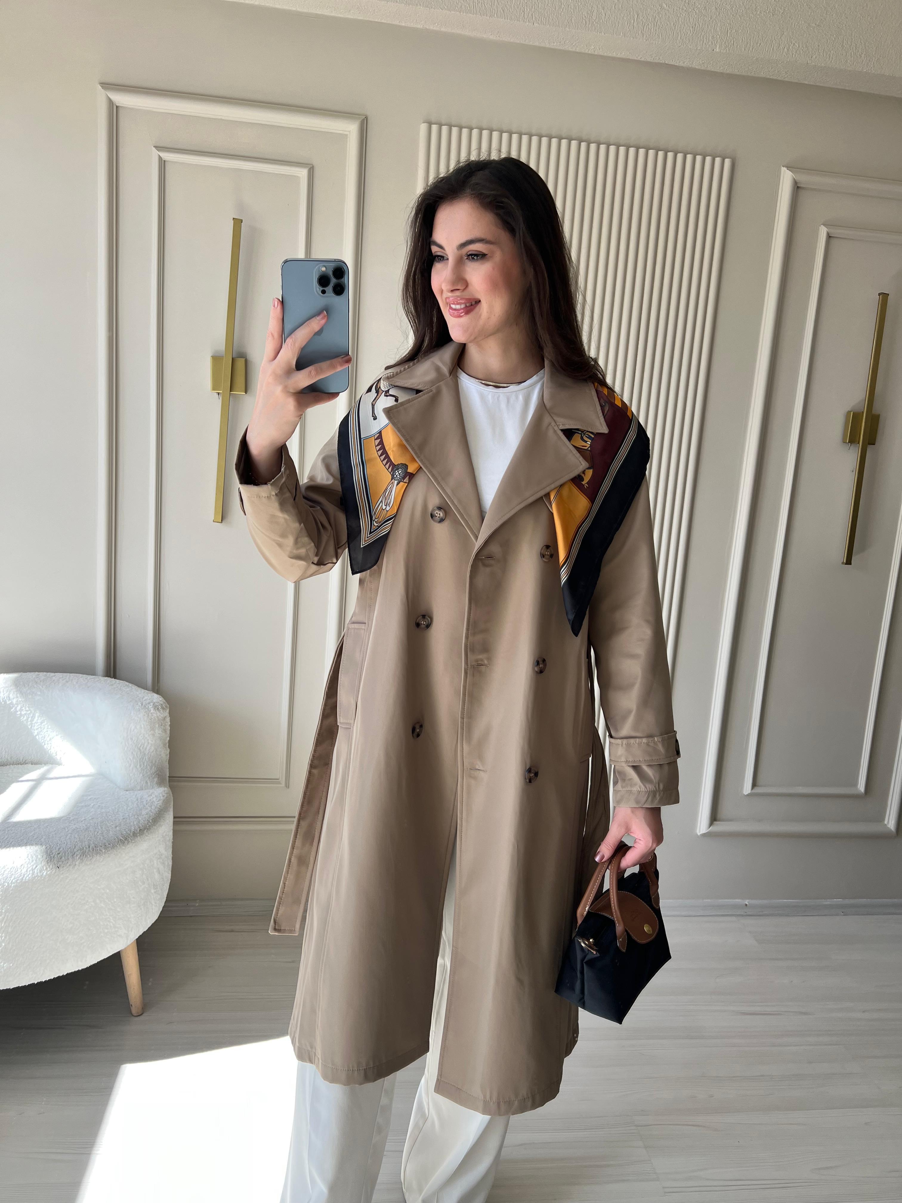 Premium Uzun Trençkot Taş - 1036