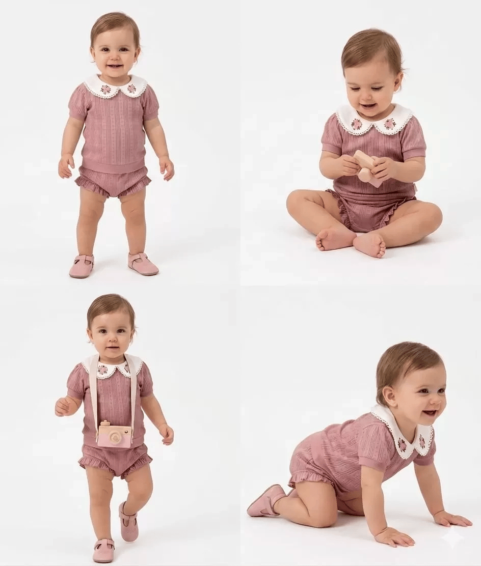 3/12 Ay Çiçekli Yaka Jakar Kumaş Şortlu Bebek Takımı