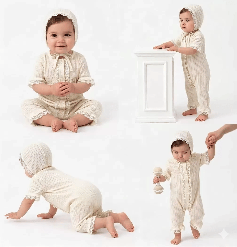 3/12 Ay Şapkalı Dantelli Jakar Kumaş Bebek Tulumu