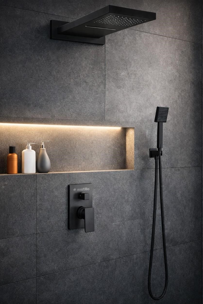 Ankastre Duş Seti 3 Yönlü Yağmur Panel&Şelale 550x220 mm SUS 304 – Paslanmaz Pirinç Siyah