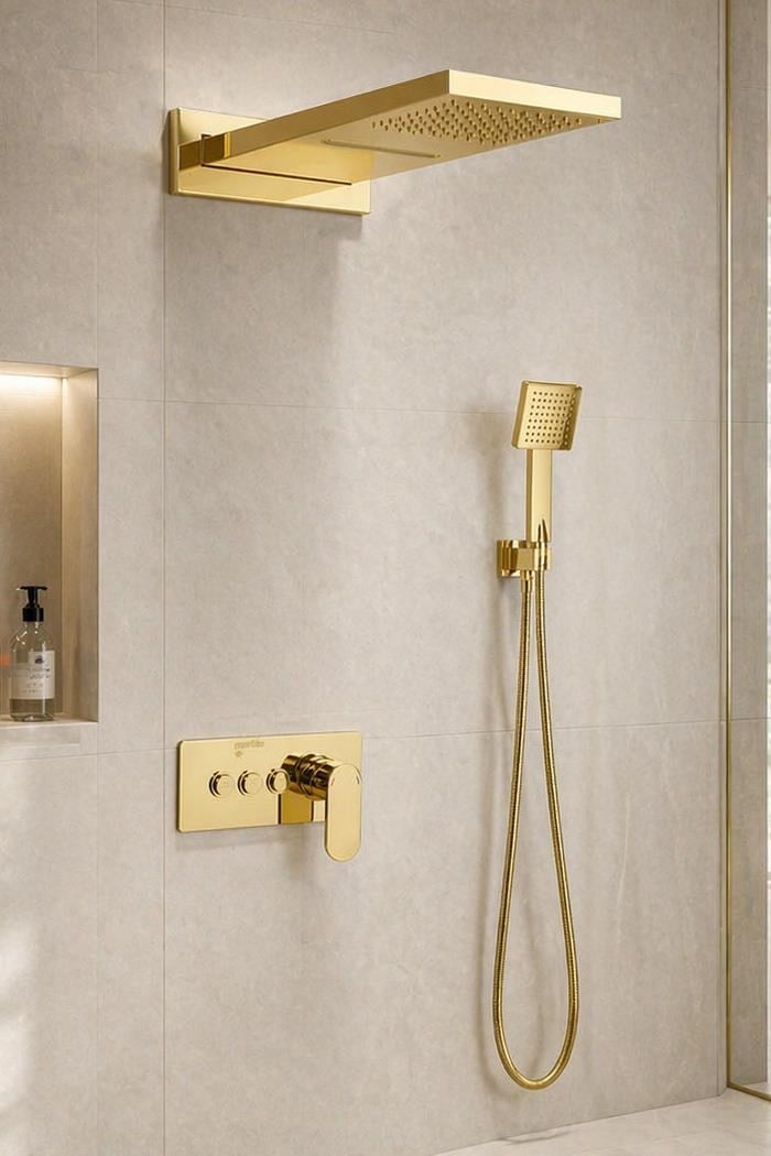 Ankastre Duş Seti 550x220 mm Şelale&Yağmur Panel 3 Yönlü Butonlu SUS 304 Paslanmaz Pirinç Gold