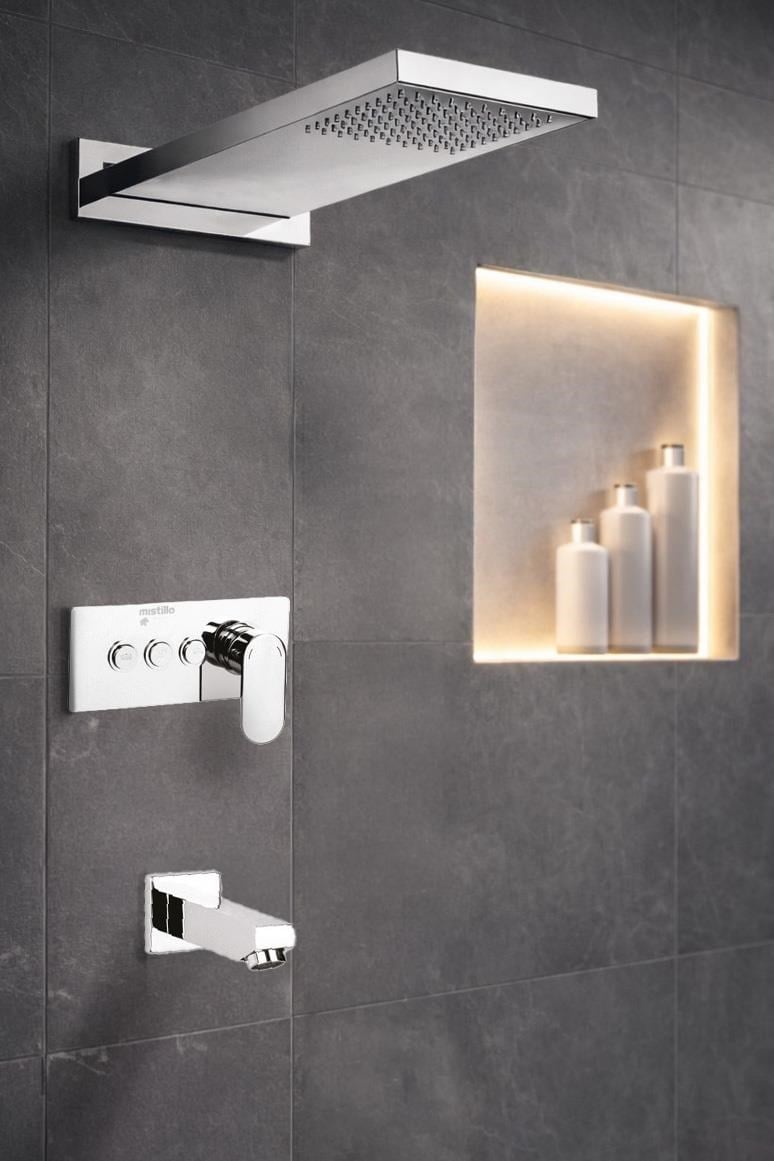 Ankastre Duş Seti 550x220 mm Şelale&Yağmur Panel 3 Yönlü Butonlu SUS 304 Paslanmaz Pirinç Krom Kap