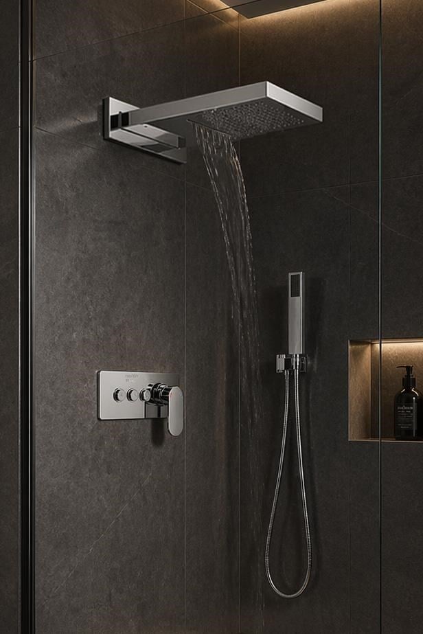 Ankastre Duş Seti 550x220 mm Şelale&Yağmur Panel 3 Yönlü Butonlu SUS 304 Paslanmaz Pirinç Krom Kap