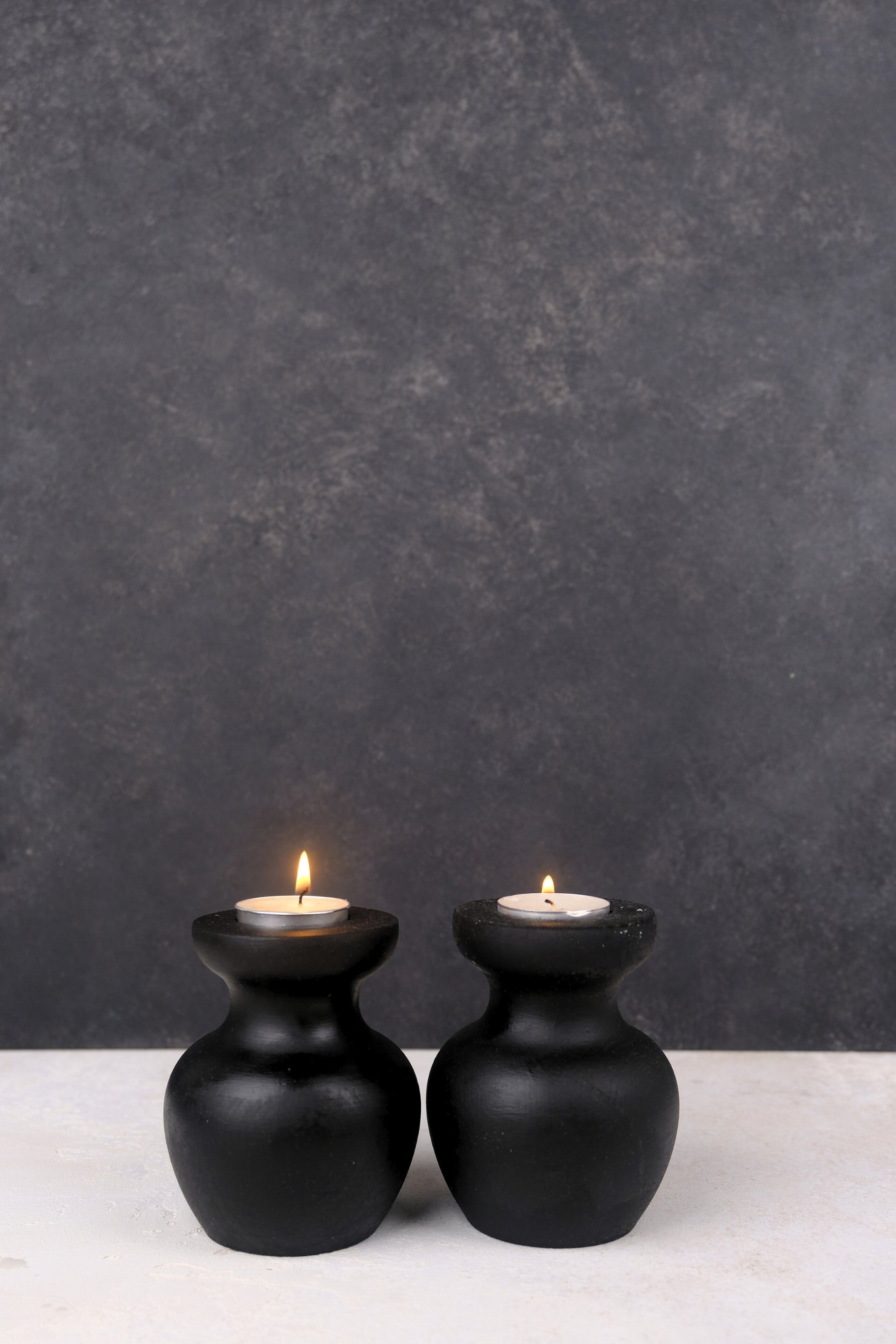 2 Li Siyah Büyük Nar Model Tealight Ahşap Şamdan Seti Dekoratif Şamdan