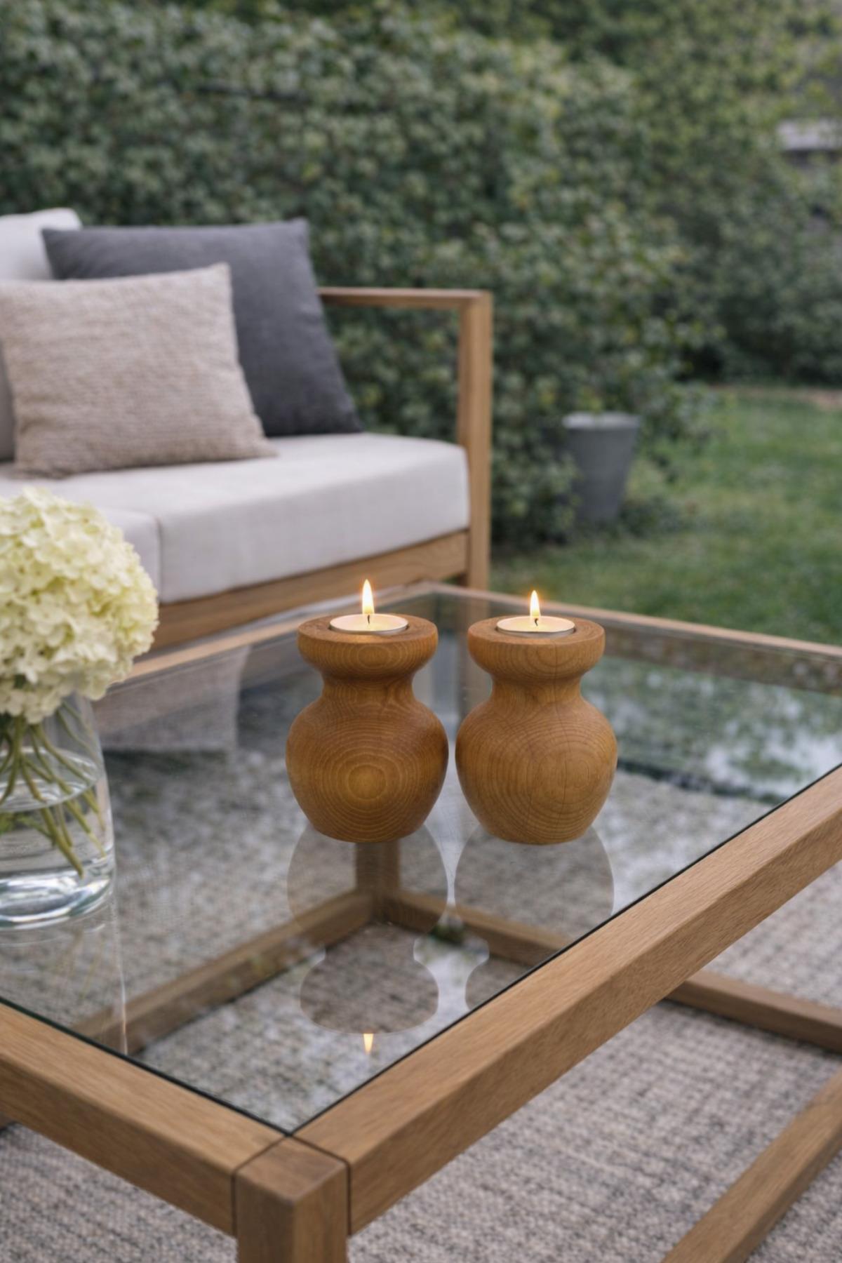 2'Lİ Büyük Nar Model Tealight Ahşap Şamdan Seti Dekoratif Şamdan