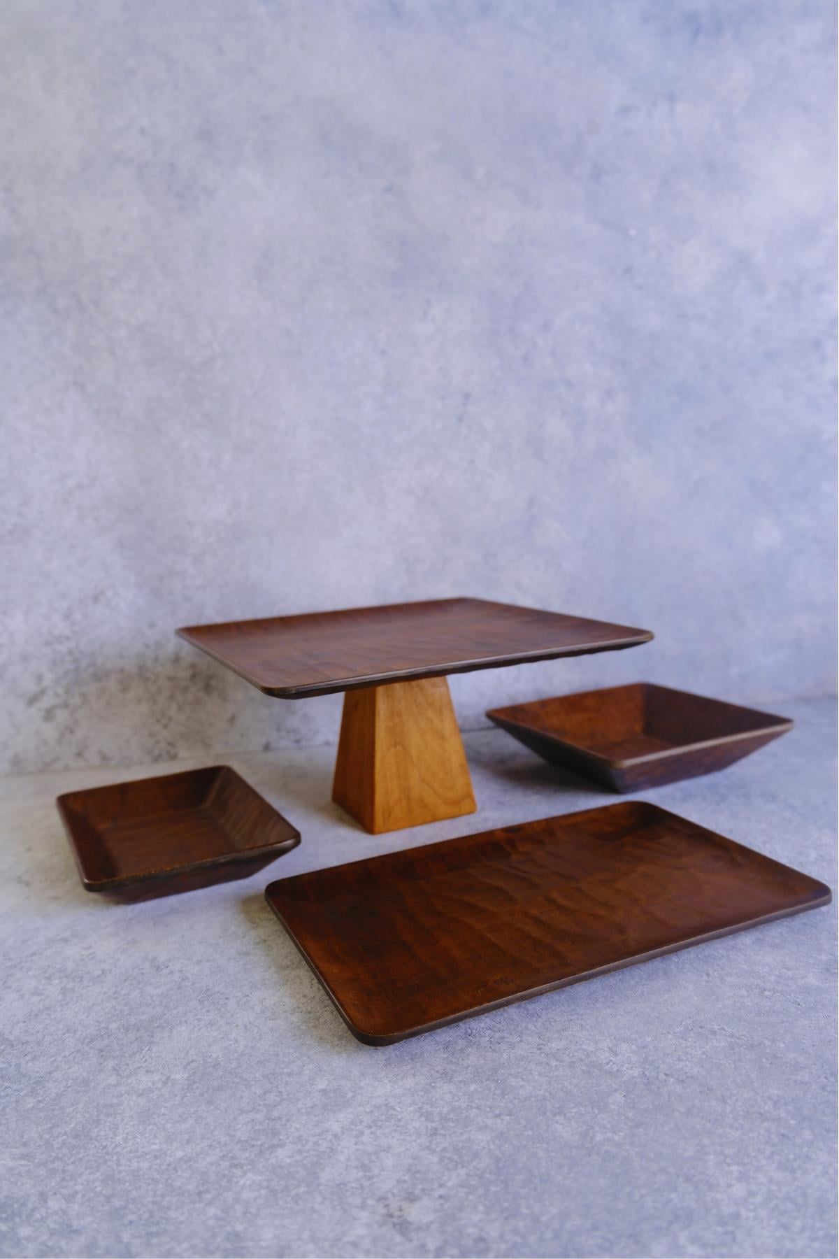 4 Lü Ligna Ahşap Rölyefli Dikdörtgen Sunum Seti (26 Piramit, 16x26, 18x18, 12,5x17) Cm Servis Seti
