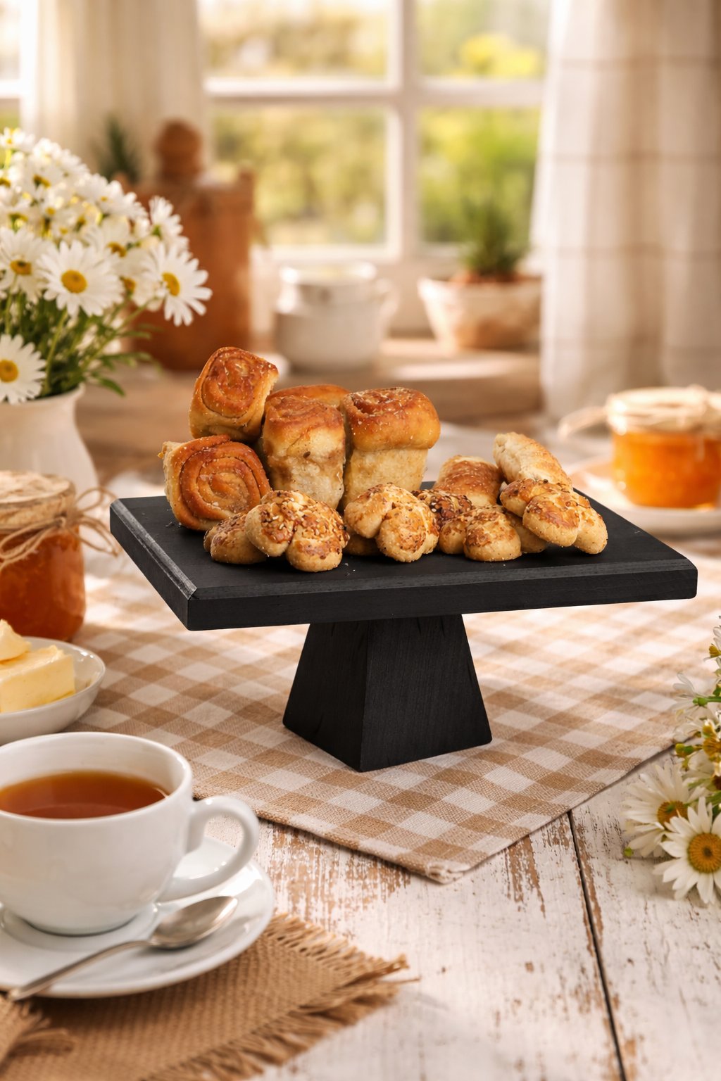 Piramit Siyah 25x25 Cm Ahşap 10 Cm Ayaklı Kare Pasta Sunum Servis Tabağı