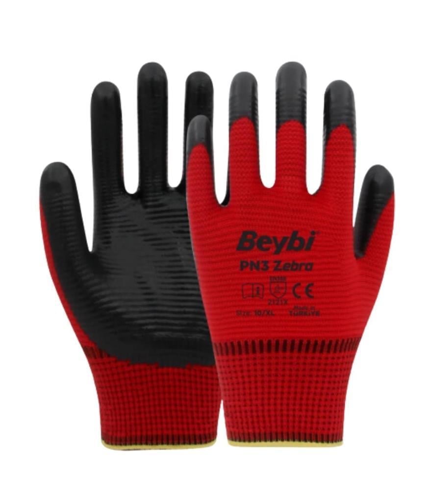 Beybi PN3 Zebra Polyester Kırmızı Örme Nitril Eldiven No:9 - 288 Çift