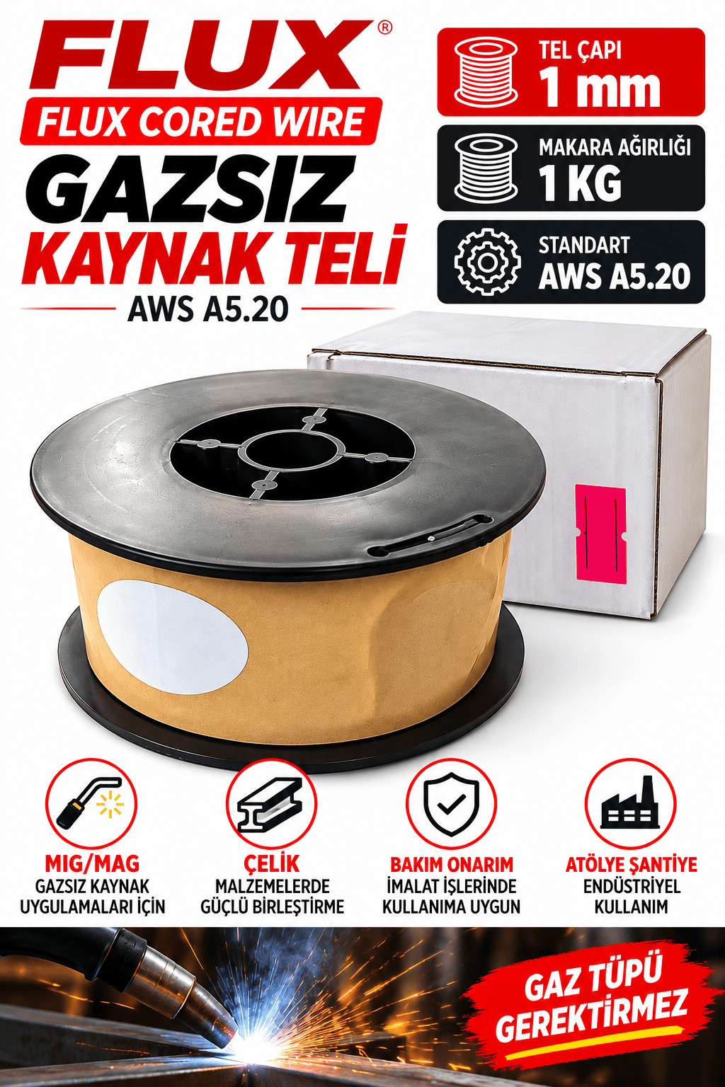 Flux Gazsız Gazaltı Kaynak Teli 1 mm 1 KG – Flux Cored Wire AWS A5.20