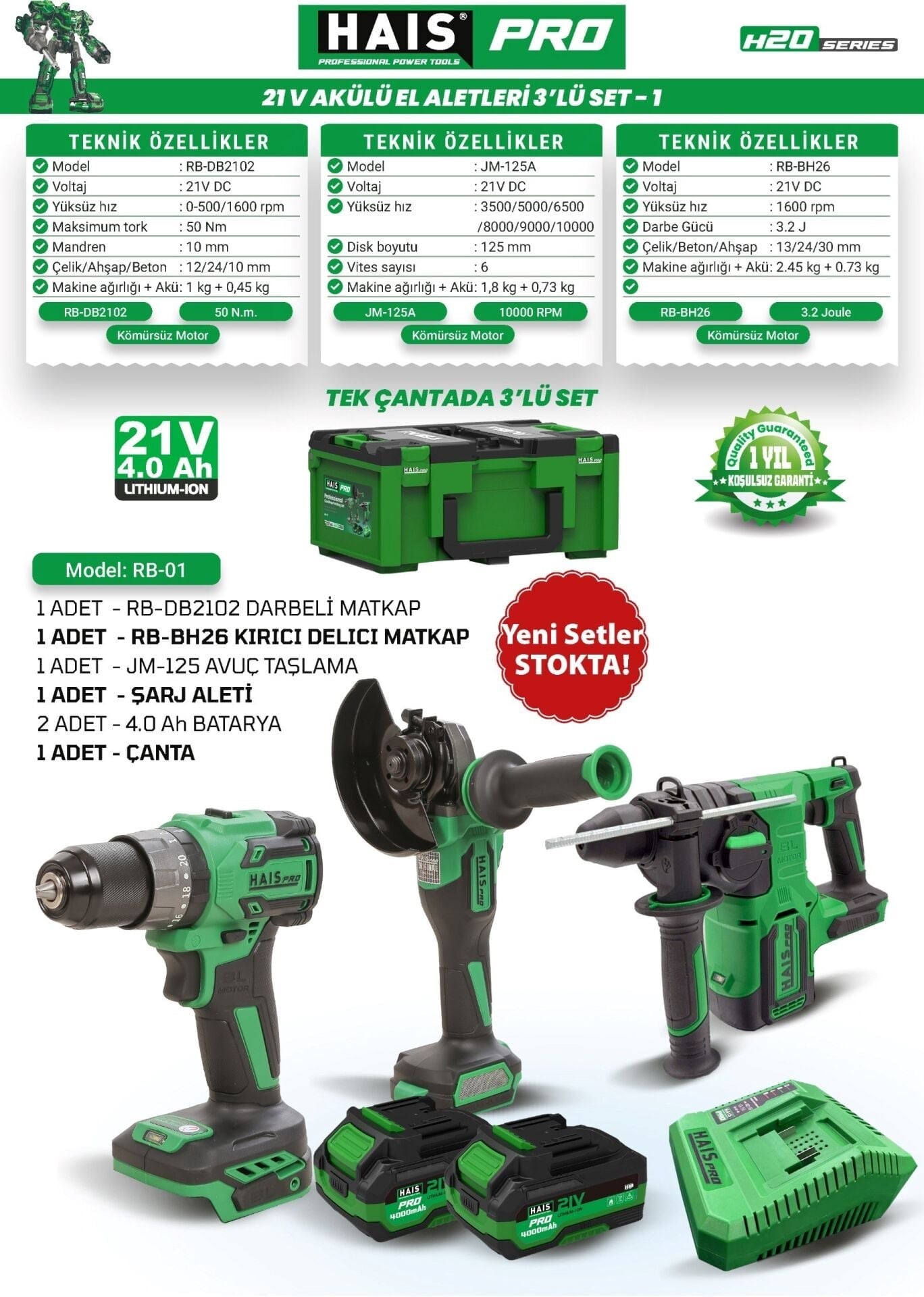 Hais Pro RB-01 RB-DB2102 + RB-BH26 + JM-125 Çift Akülü 4 Ah Elektrikli El Aletleri Seti