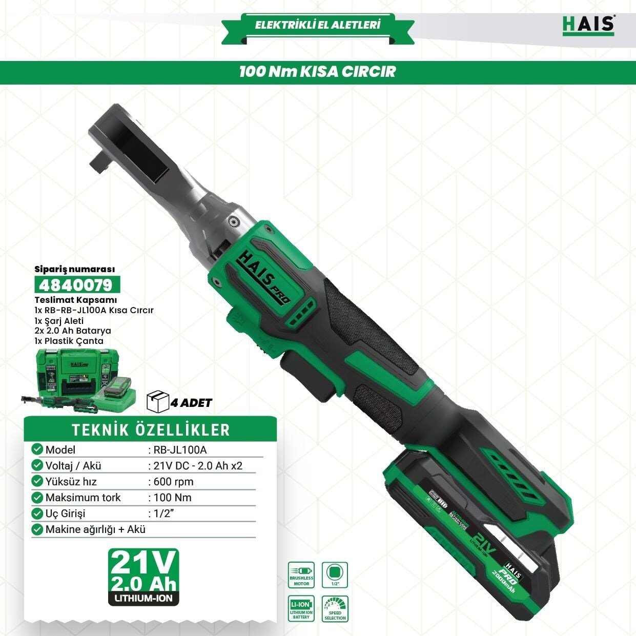 Hais Pro RB-JL100A 21 V Çift Akülü 2 Ah Kısa Somun Sıkma Makinesi
