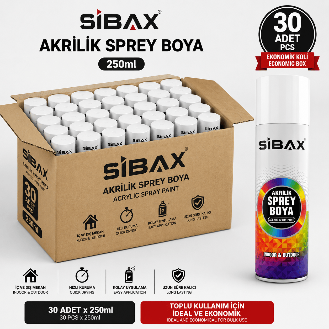 SİBAX AKRİLİK SPREY BOYA RAL 9005 MAT SİYAH 250 ML 30'LU KOLİ
