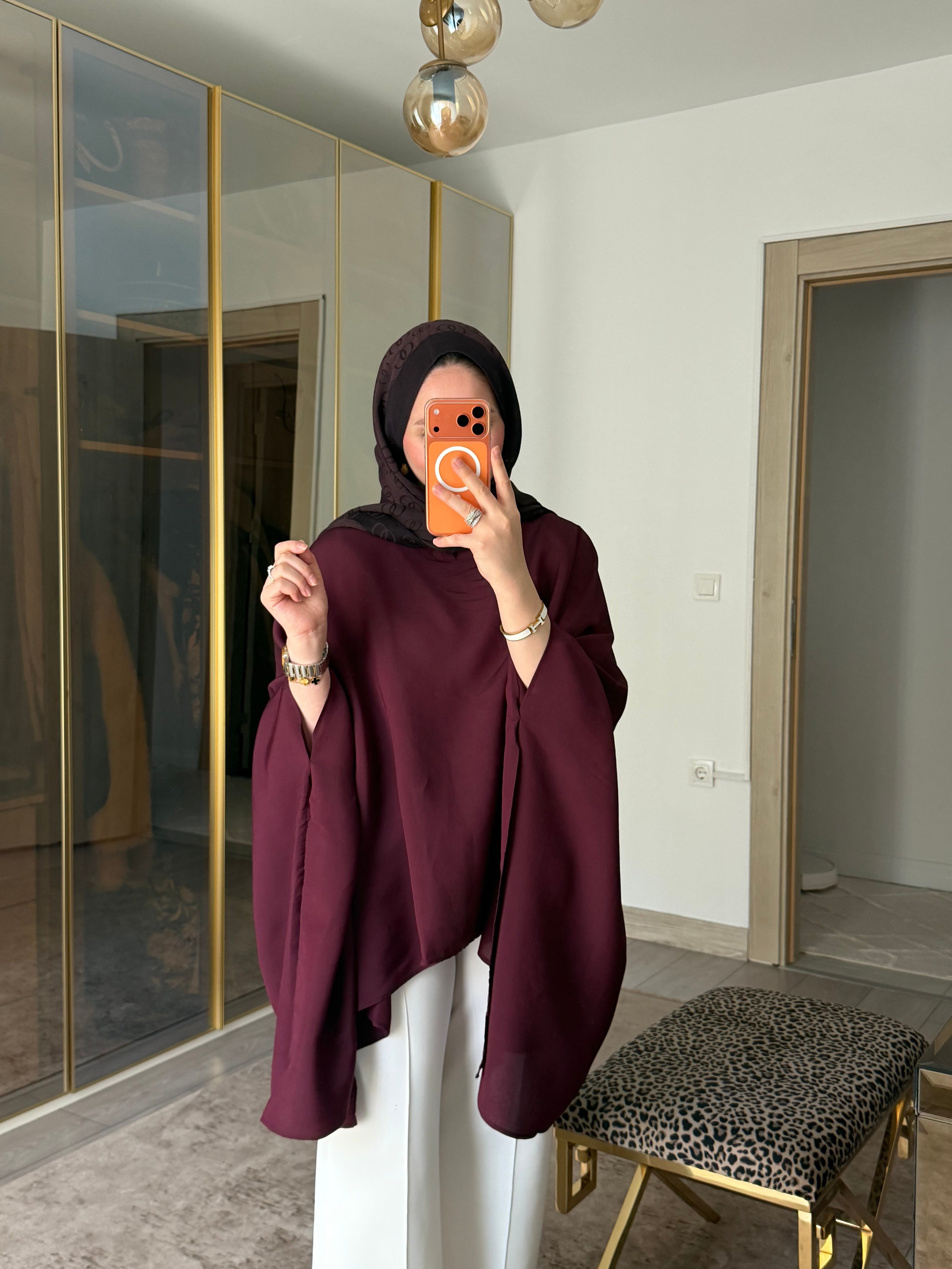  Pelerin İpeksi Dokulu Krep Bluz Bordo