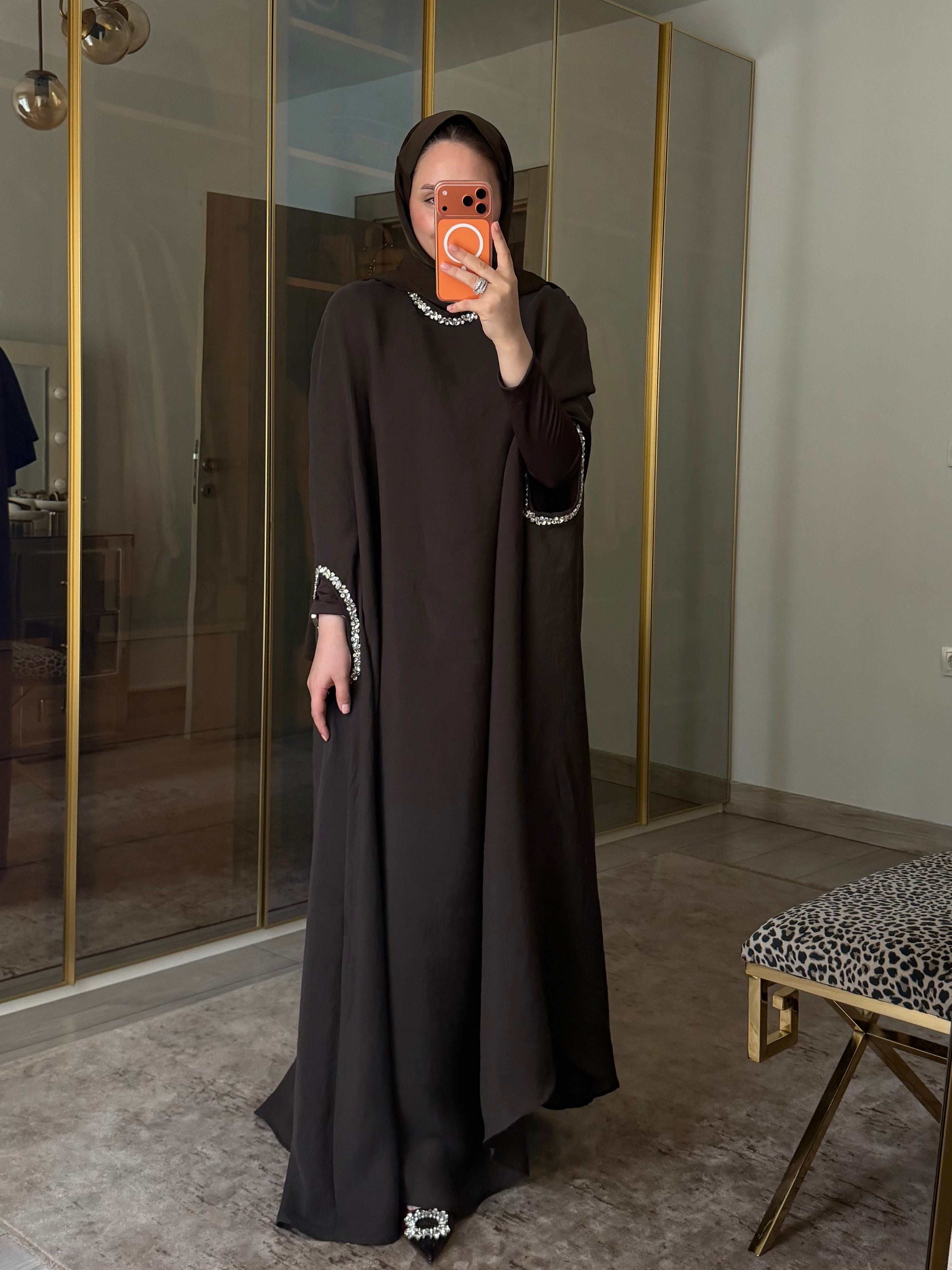 AHU TAŞ İŞLEMELİ KAFTAN ACI KAHVE