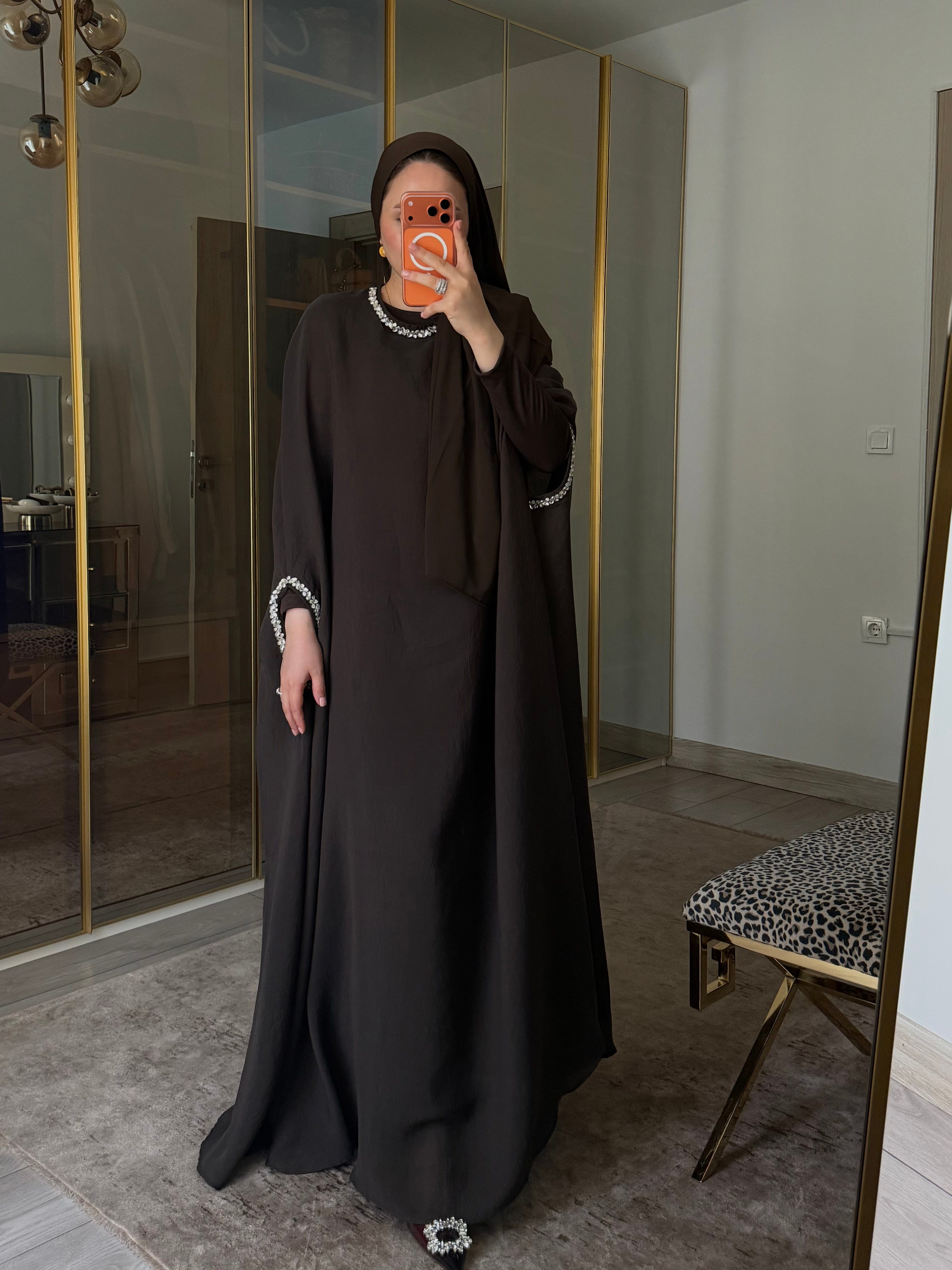 AHU TAŞ İŞLEMELİ KAFTAN ACI KAHVE