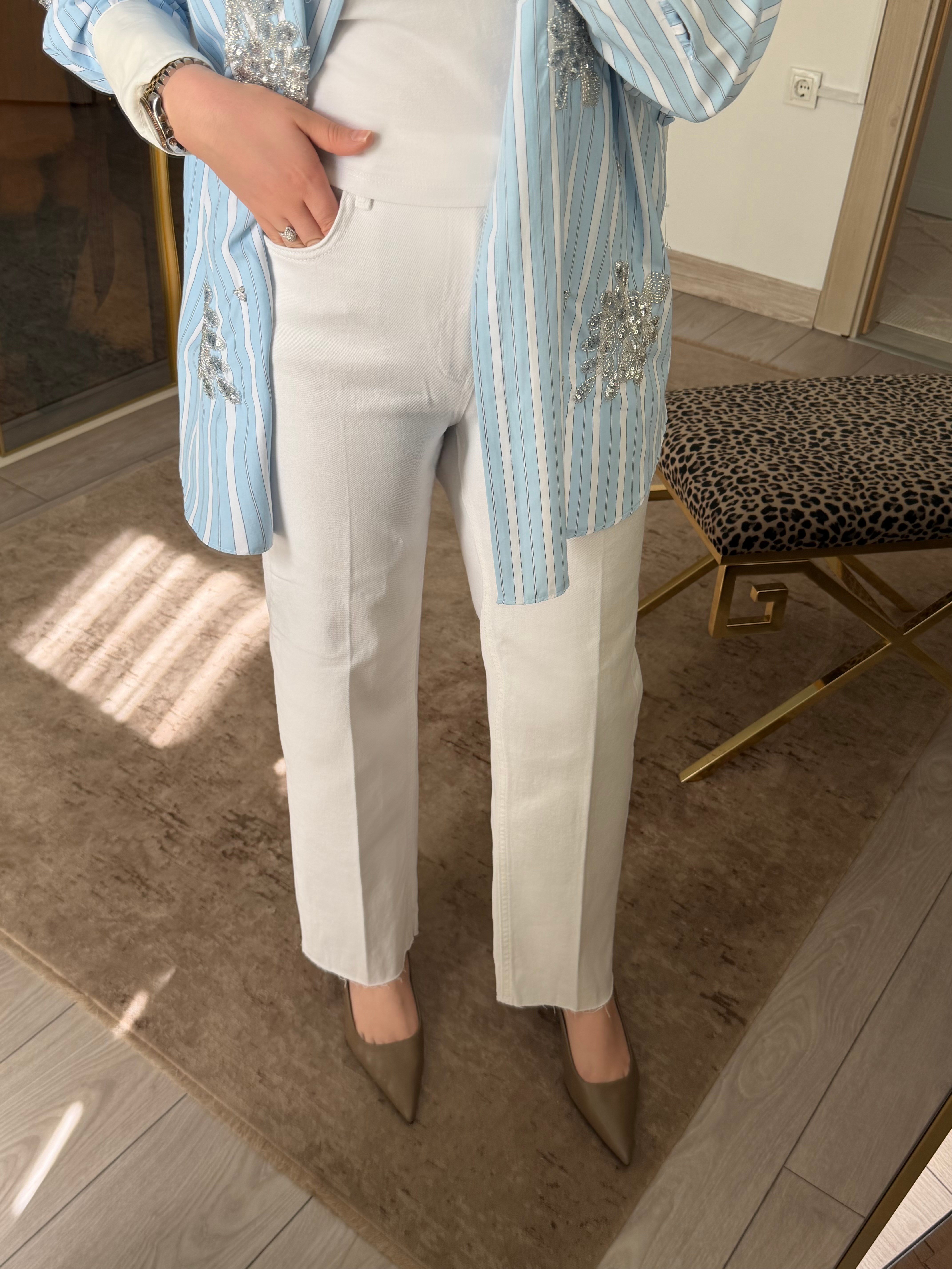 BEYAZ FLERA KESİM KOT PANTOLON 