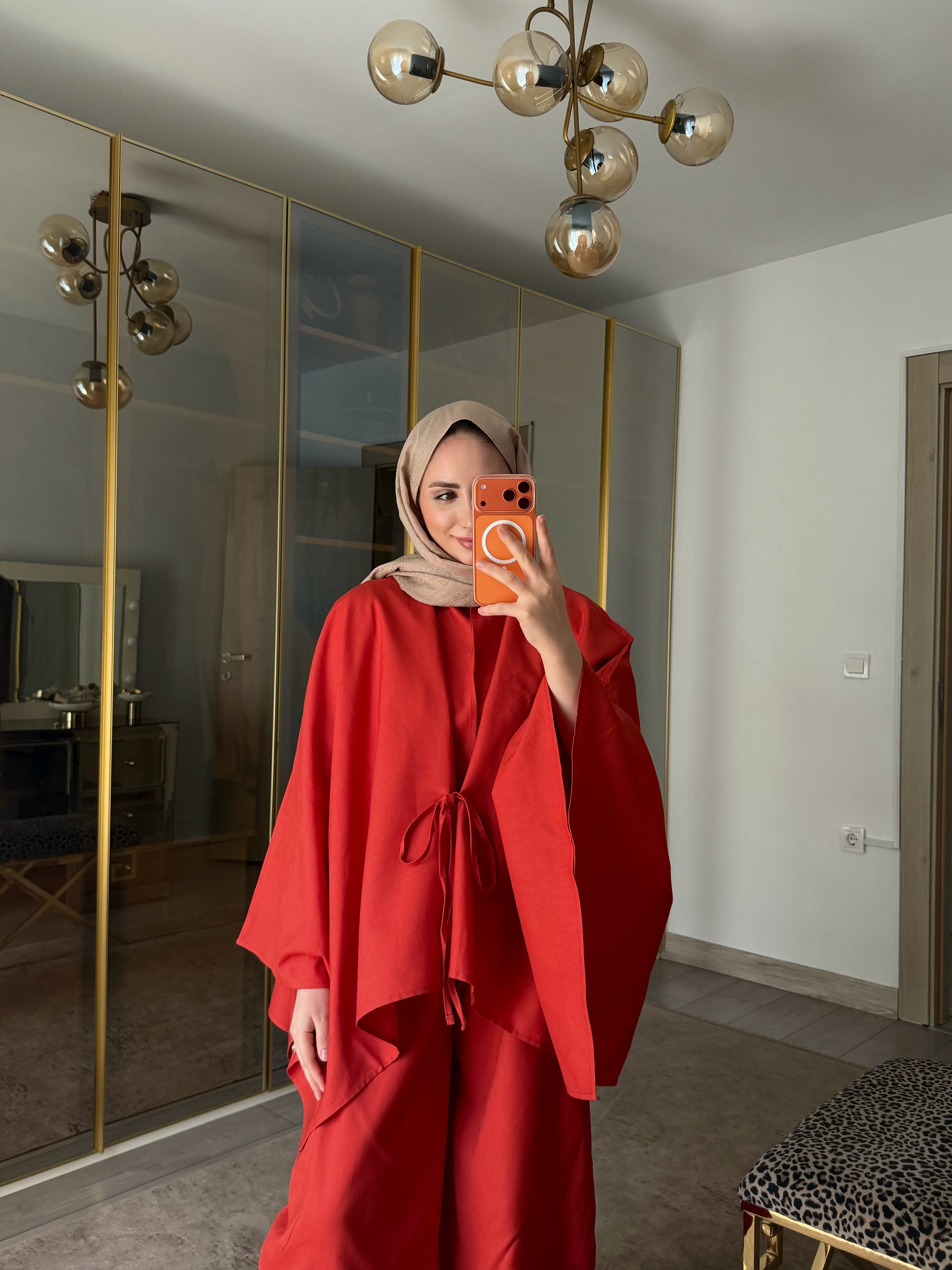 BURJ PELERİN KİİMONO HAM KETEN TASARIM TAKIM NAR ÇİCEGİ RENK