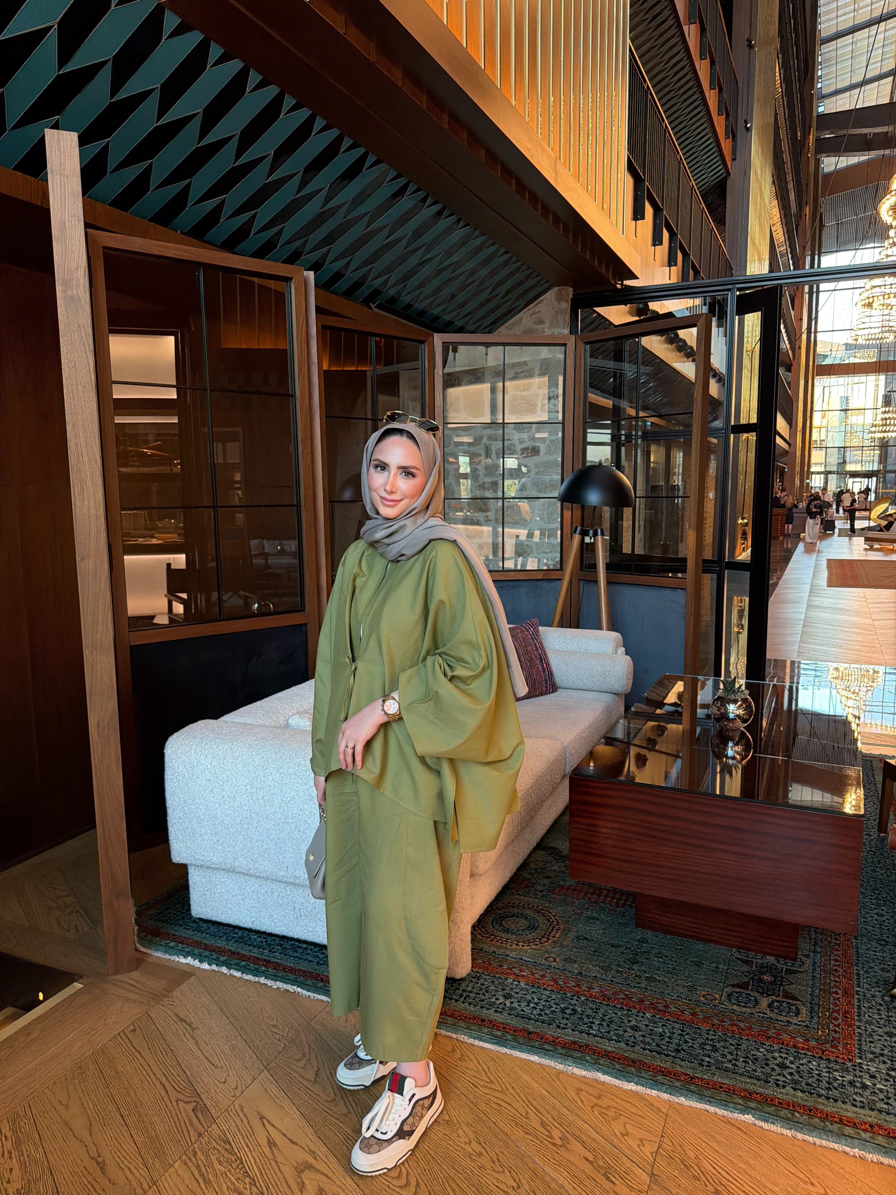 BURJ PELERİN KİMONO HAM KETEN TASARIM TAKIM YEŞİL