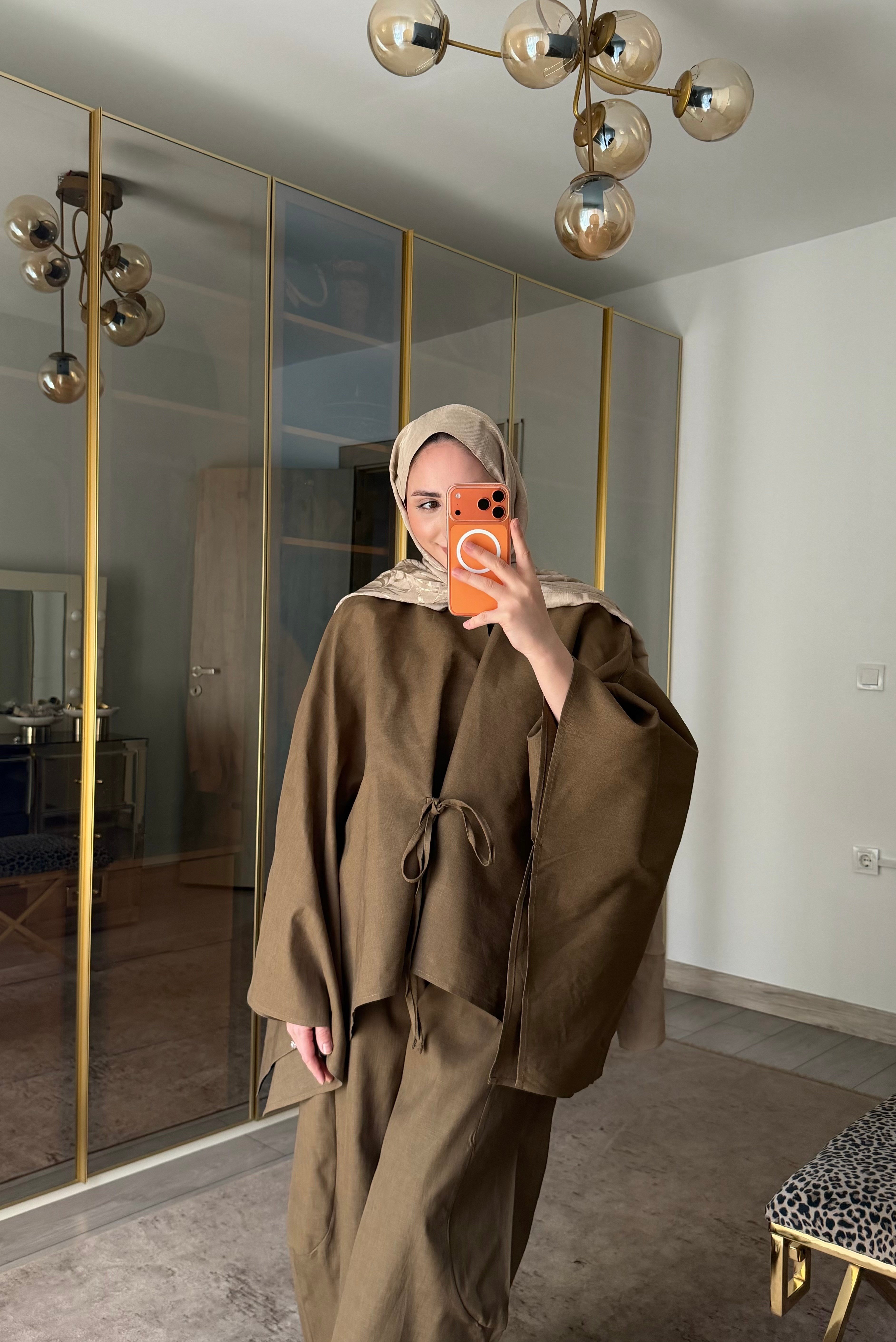 BURJ PELERİN KİMONO HAM KETEN TASARIM TAKIM HAKİ