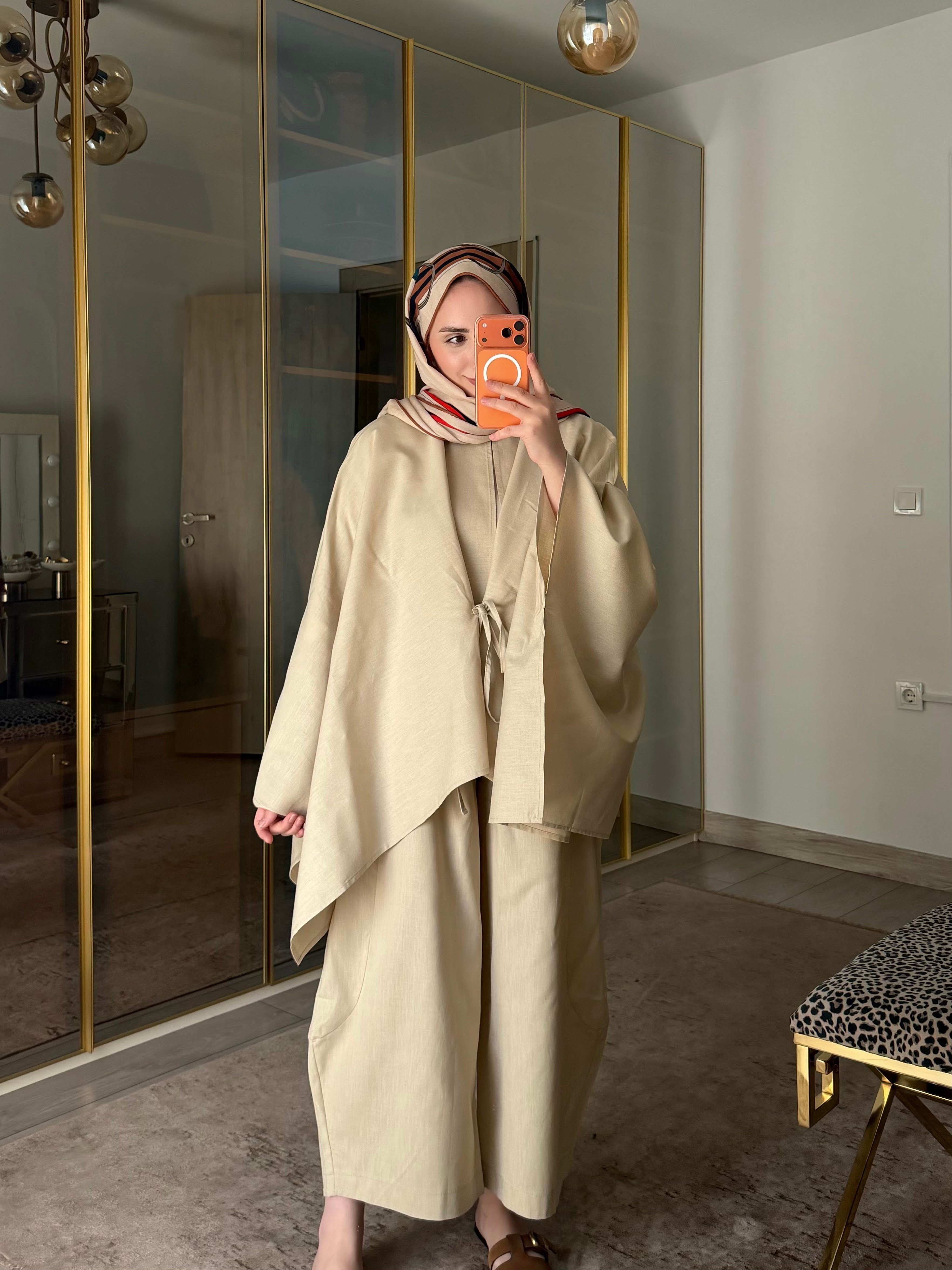 BURJ PELERİN KİMONO HAM KETEN TASARIM TAKIM 
