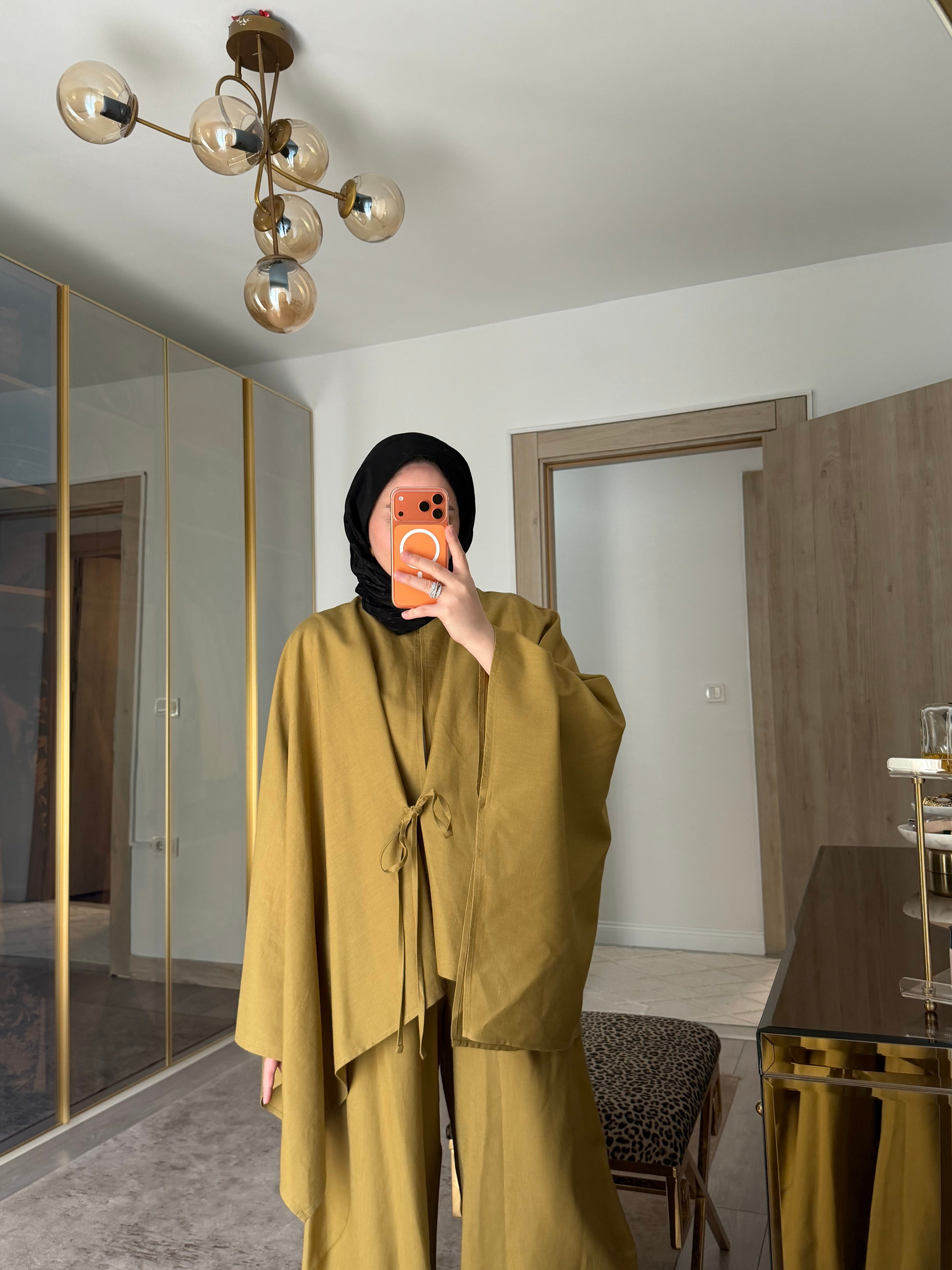 BURJ PELERİN KİMONO HAM KETEN TASARIM TAKIM 