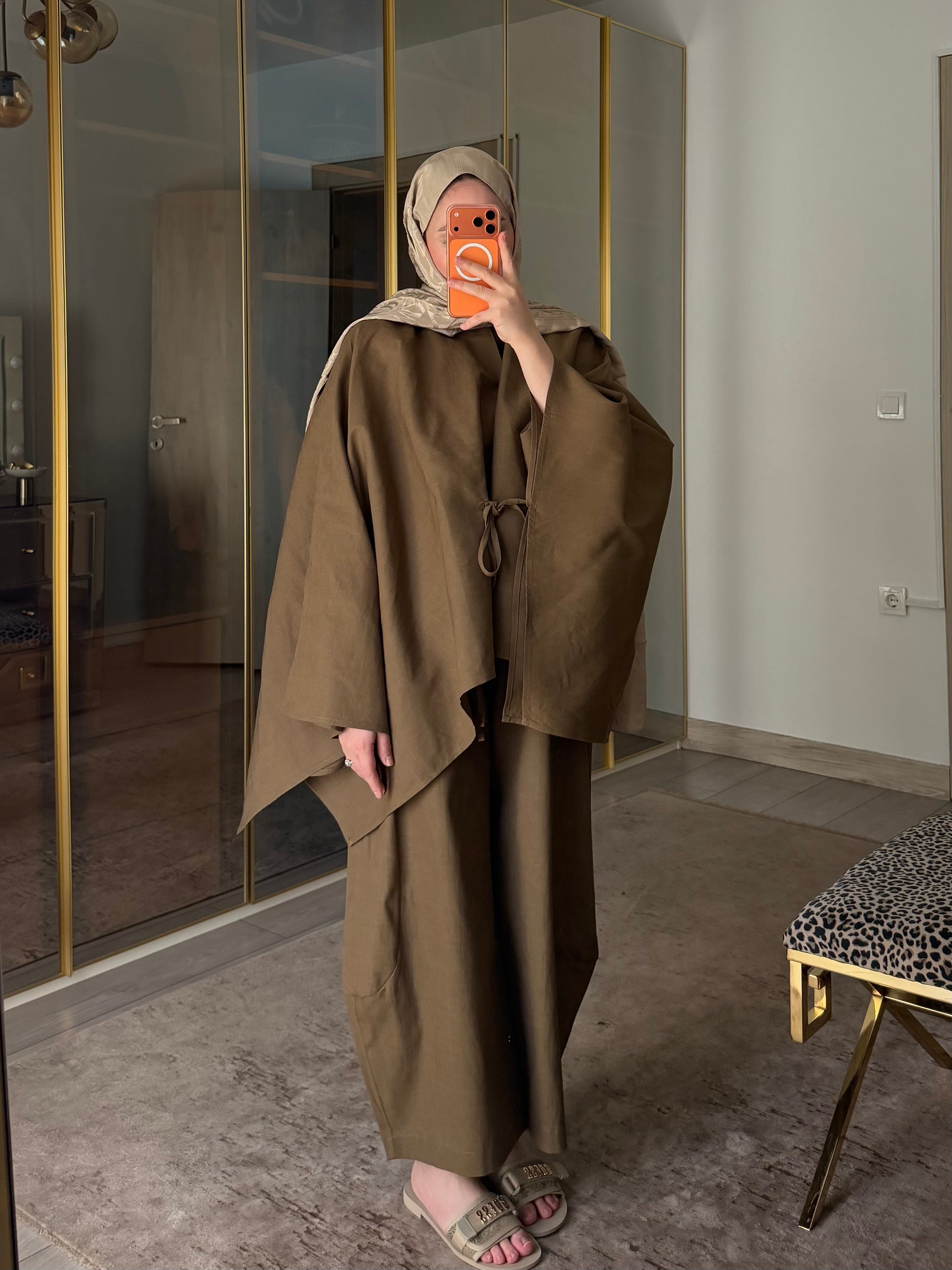 BURJ PELERİN KİMONO HAM KETEN TASARIM TAKIM HAKİ