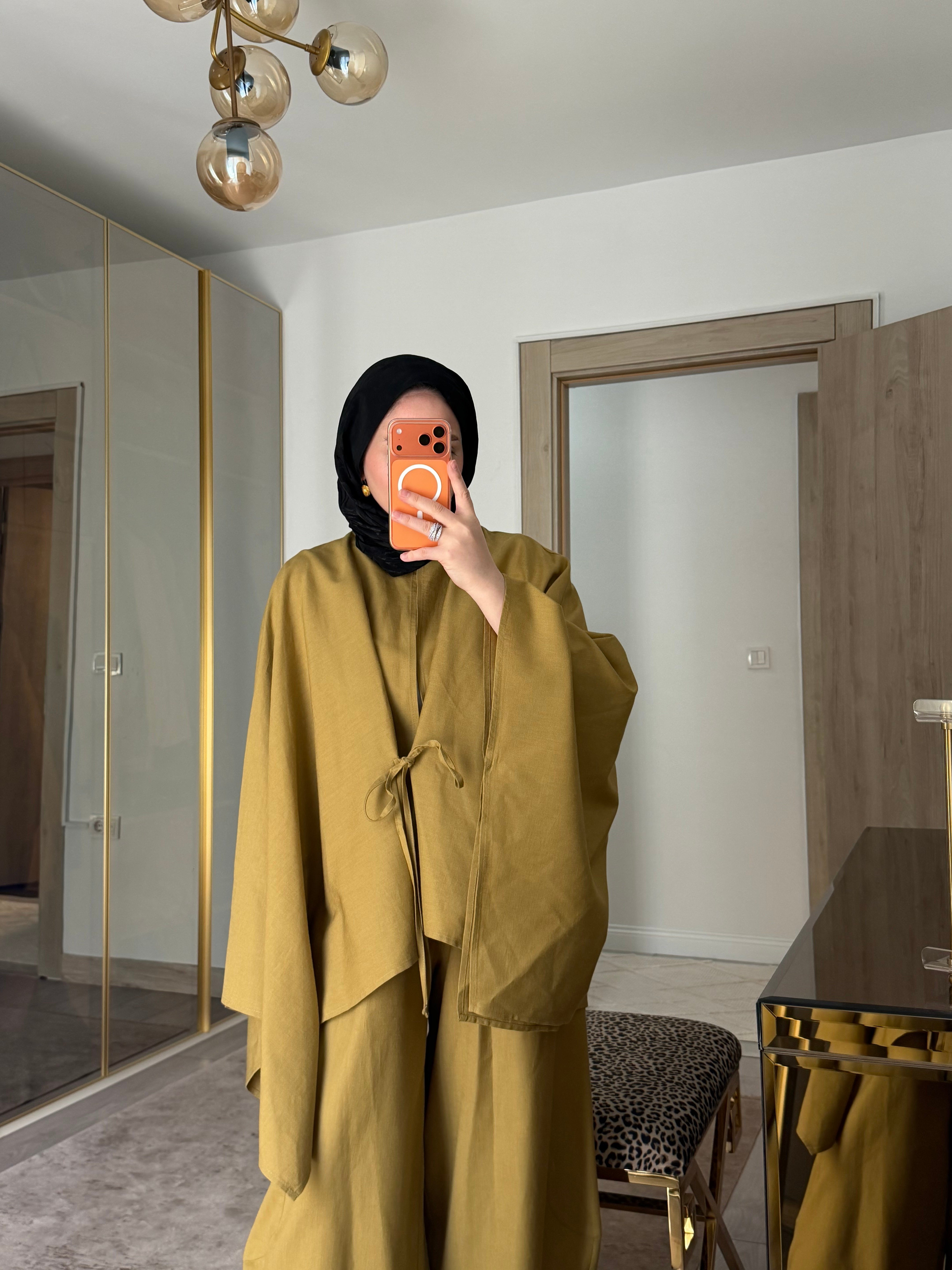 BURJ PELERİN KİMONO HAM KETEN TASARIM TAKIM 