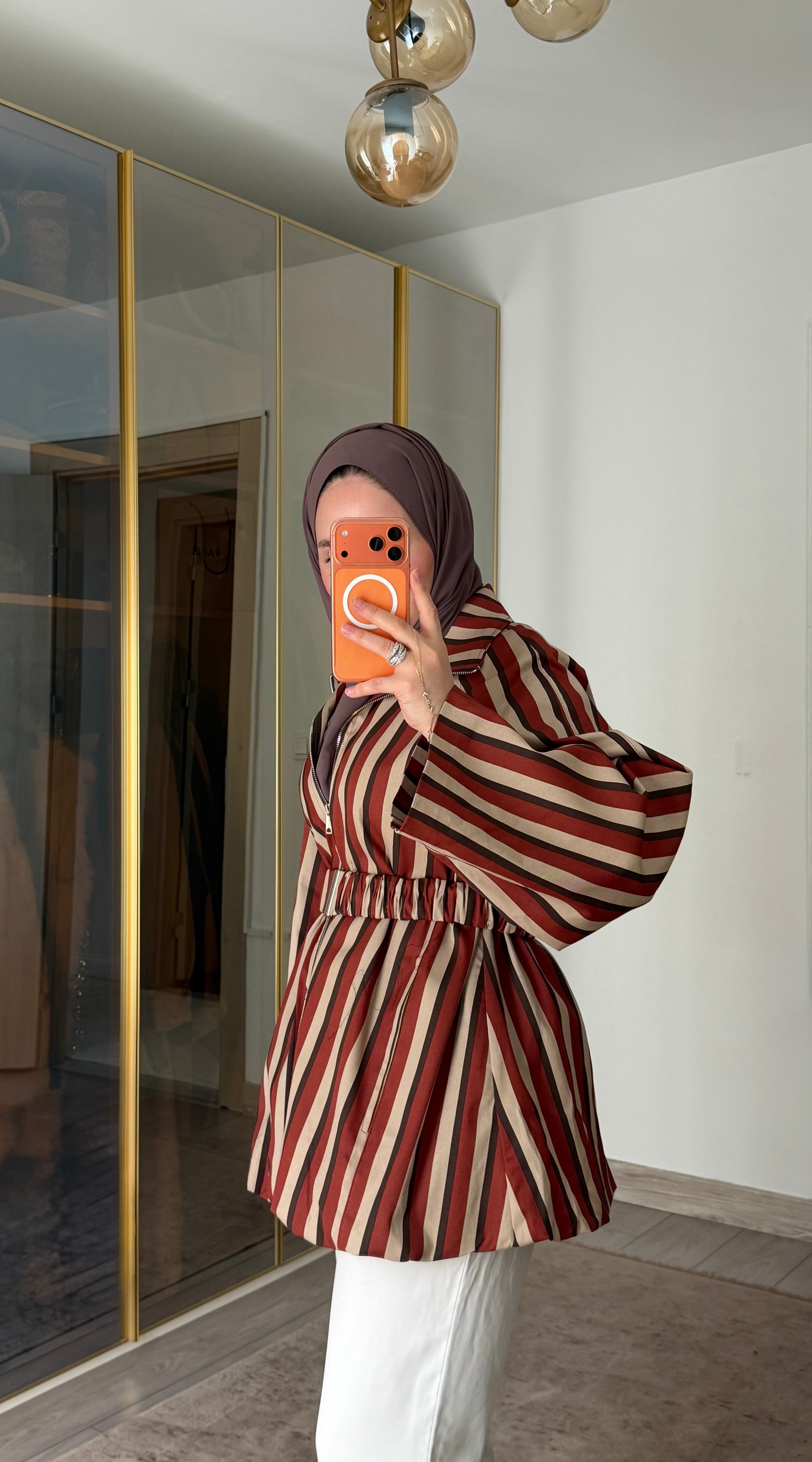 ÇİFT FERMUARLI RENKLİ BLOK ÇİZGİLİ CEKET KAHVE