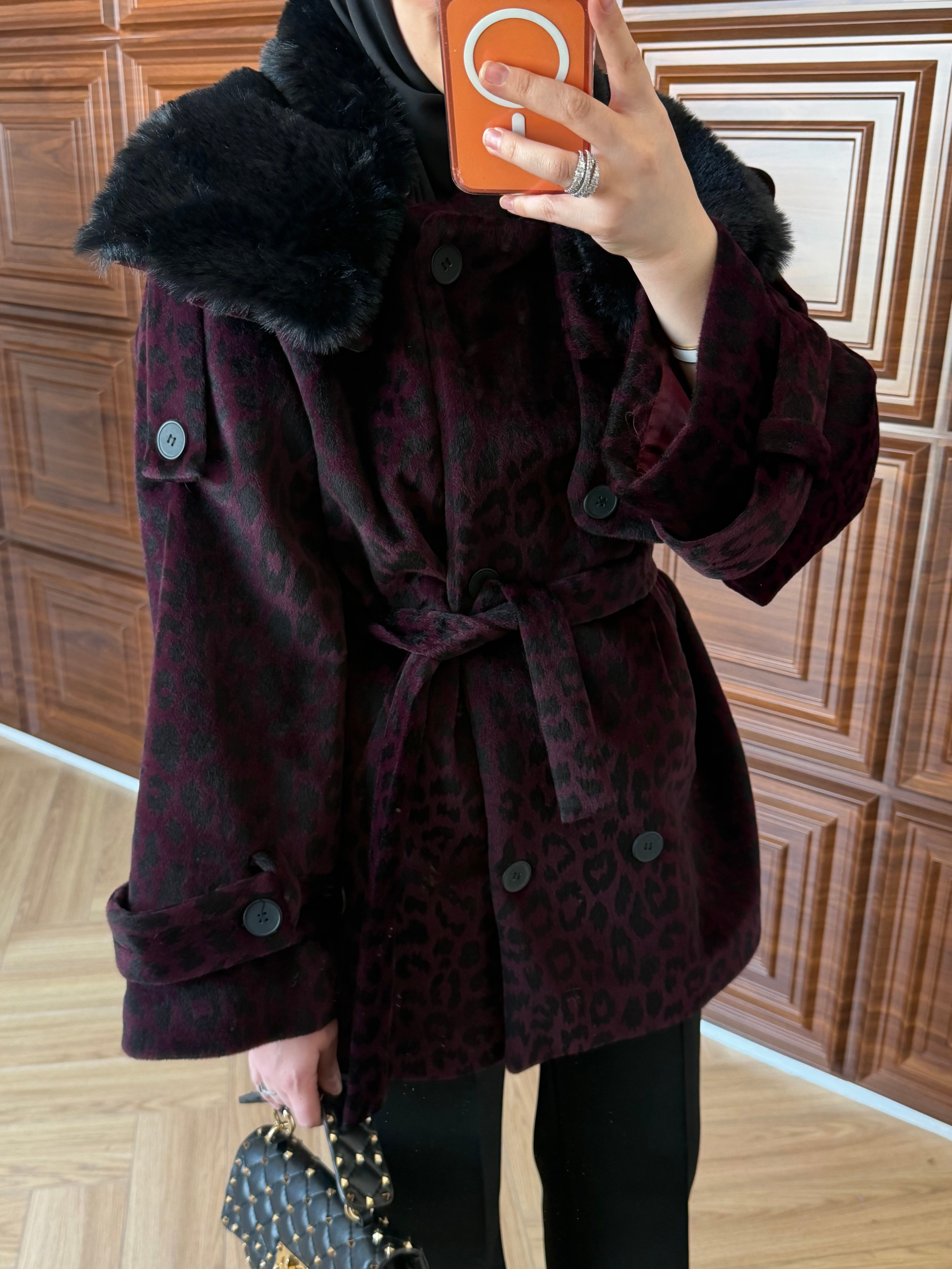 DELUXE LEOPAR DESENLİ KÜRKLÜ KAŞE BORDO