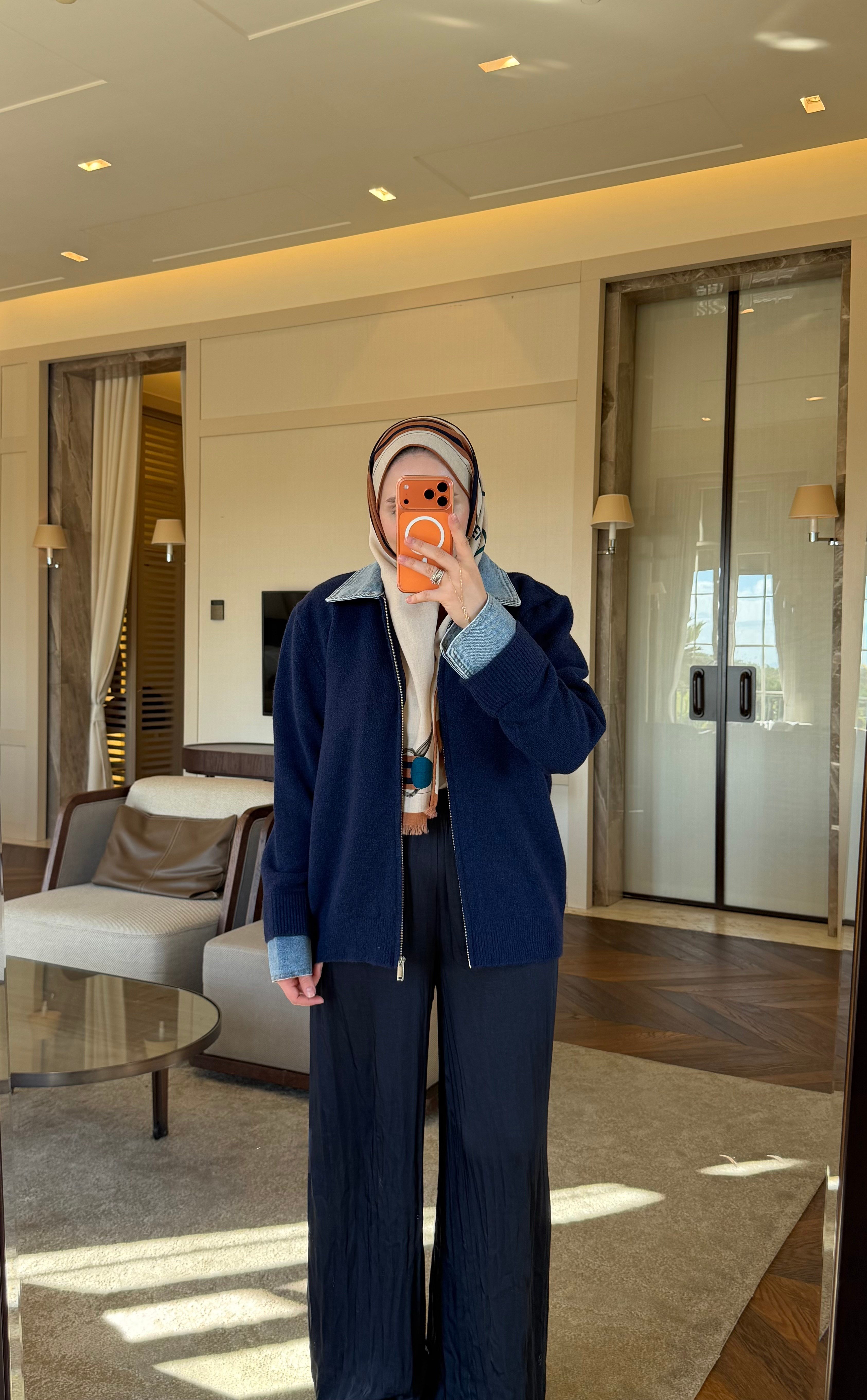 DENİM DETAYLI FERMUARLI YÜN HIRKA LACİVERT