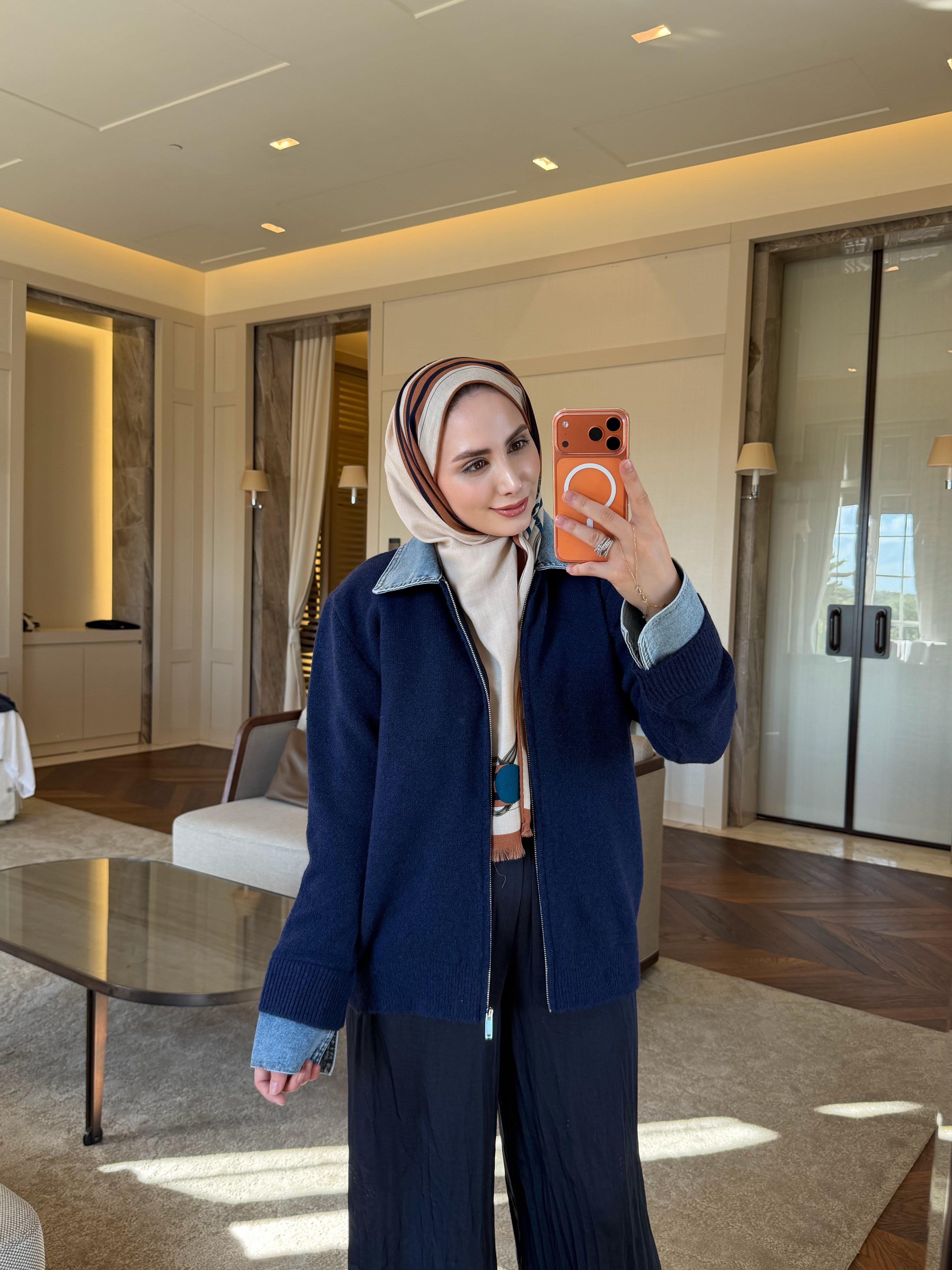 DENİM DETAYLI FERMUARLI YÜN HIRKA LACİVERT