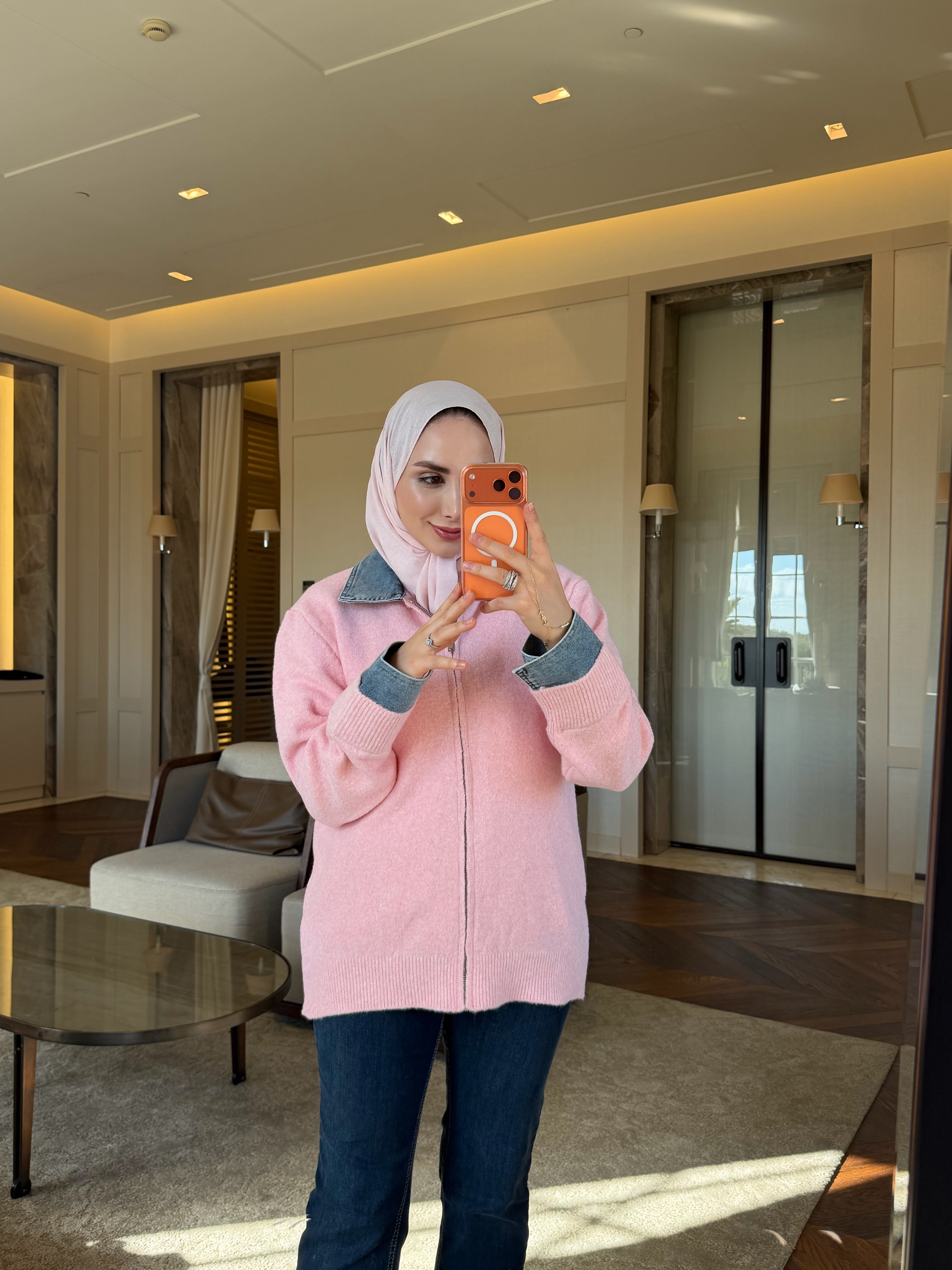DENİM DETAYLI FERMUARLI YÜN HIRKA PUDRA PEMBE