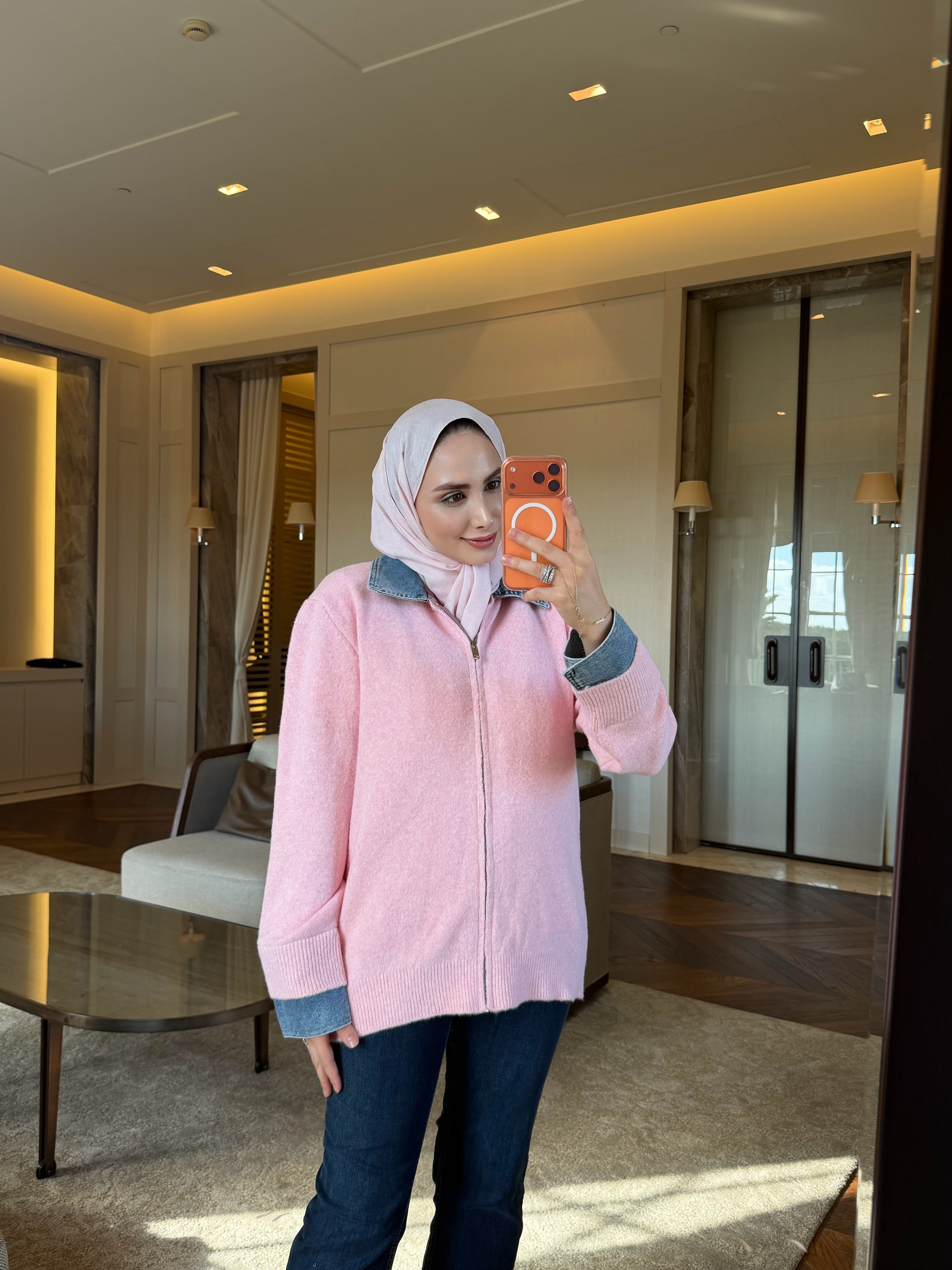 DENİM DETAYLI FERMUARLI YÜN HIRKA PUDRA PEMBE