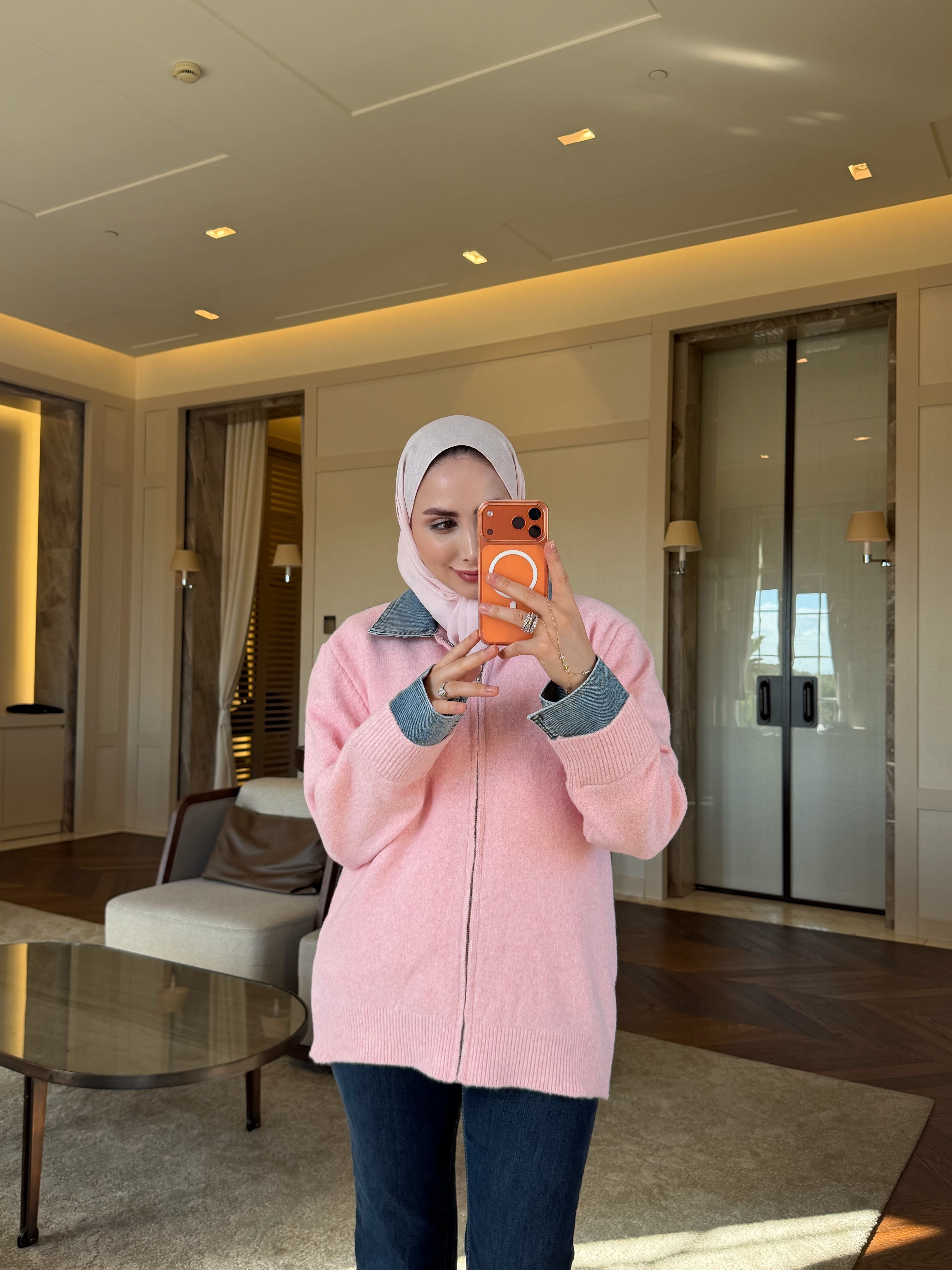 DENİM DETAYLI FERMUARLI YÜN HIRKA PUDRA PEMBE