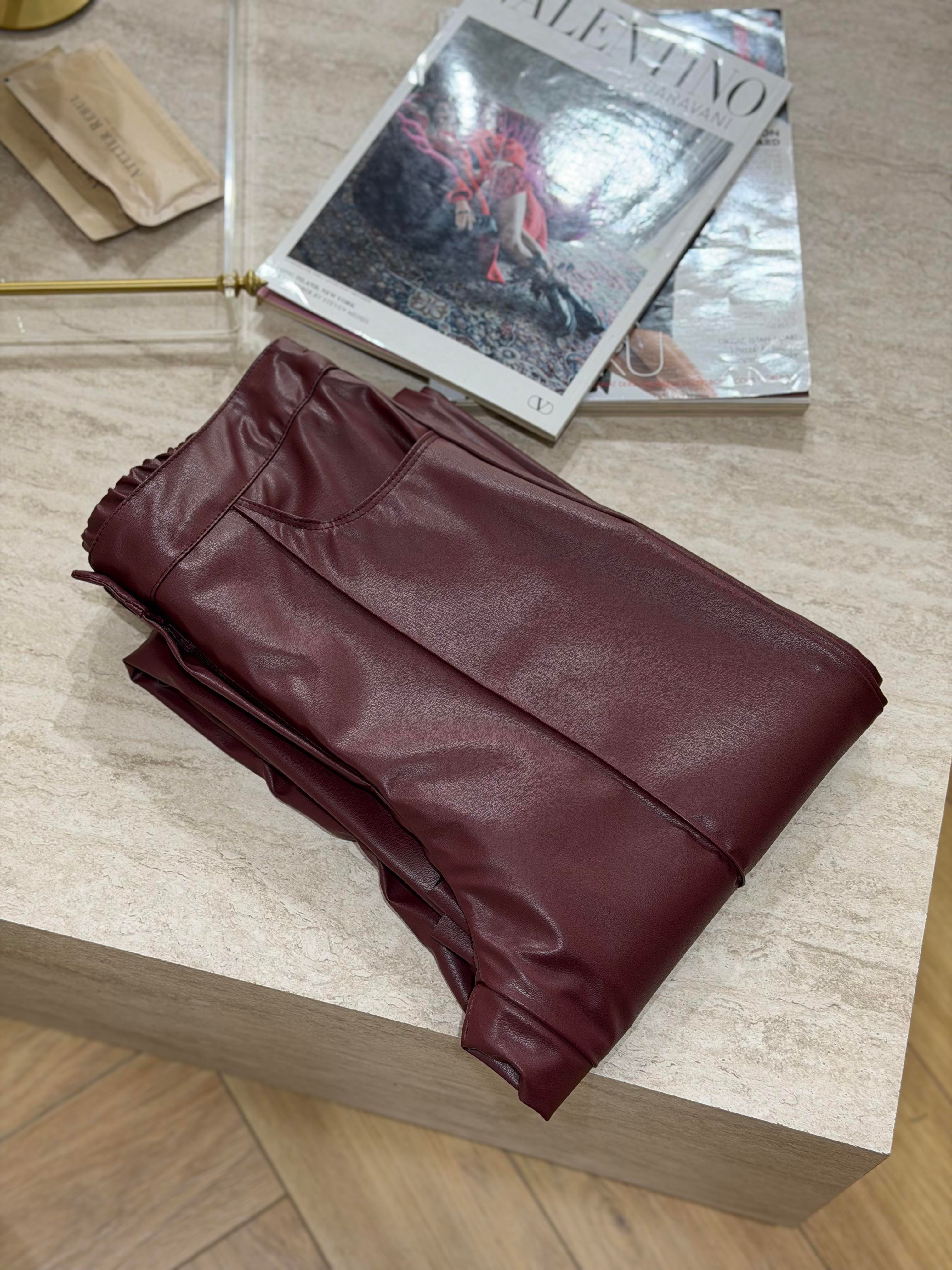 DERİ ÇIMALI PANTOLON BORDO